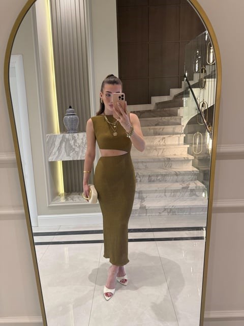 Olive Bel Detaylı Elbise