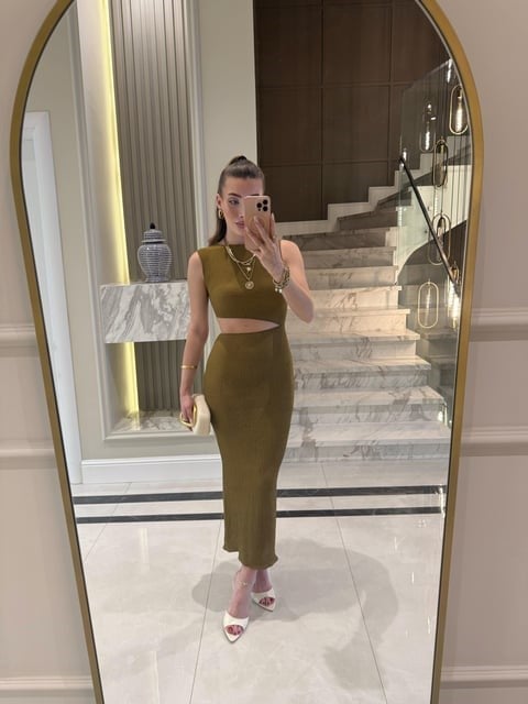 Olive Bel Detaylı Elbise