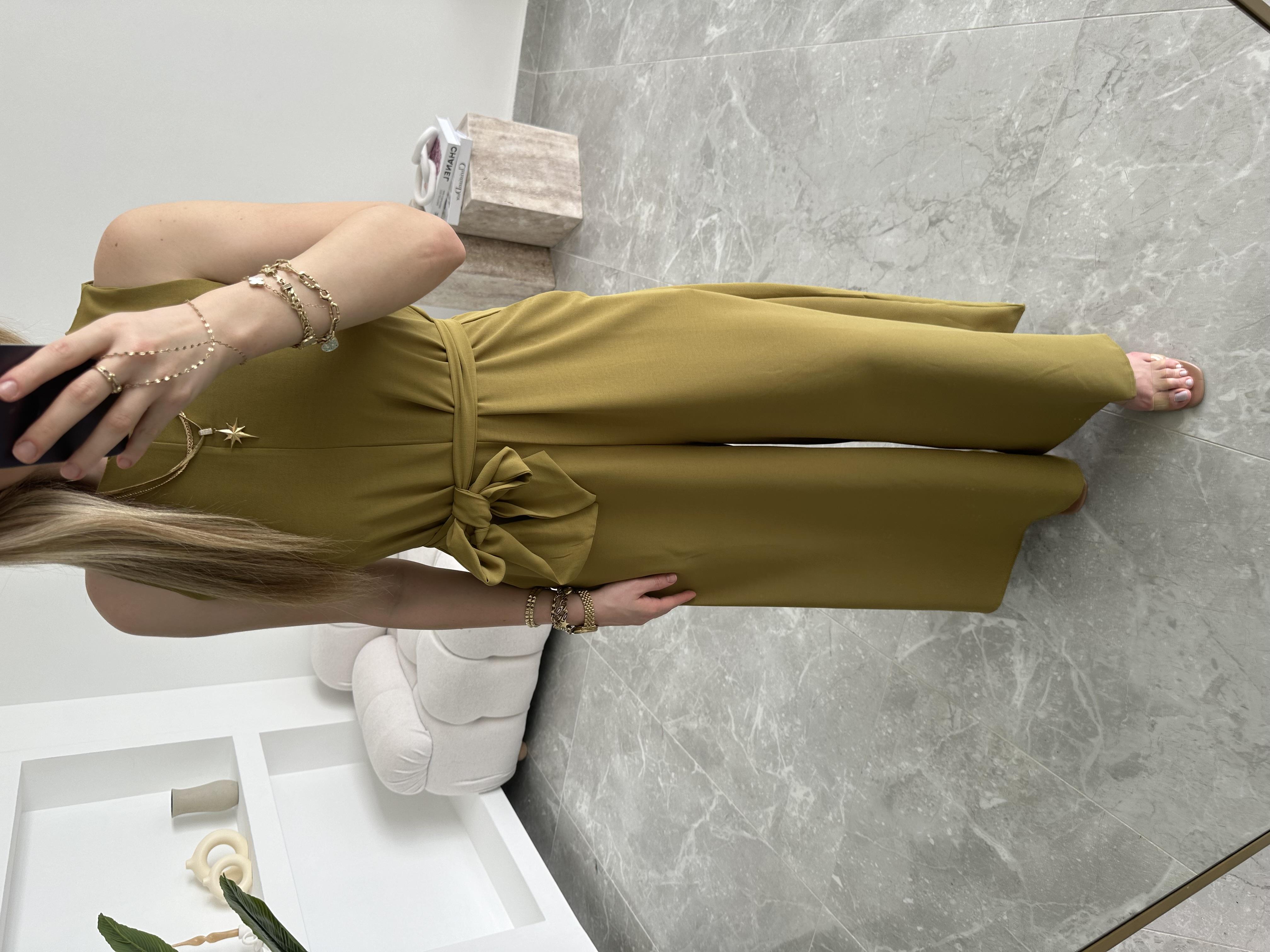 Olive Geniş Paça Kuşaklı Tulum