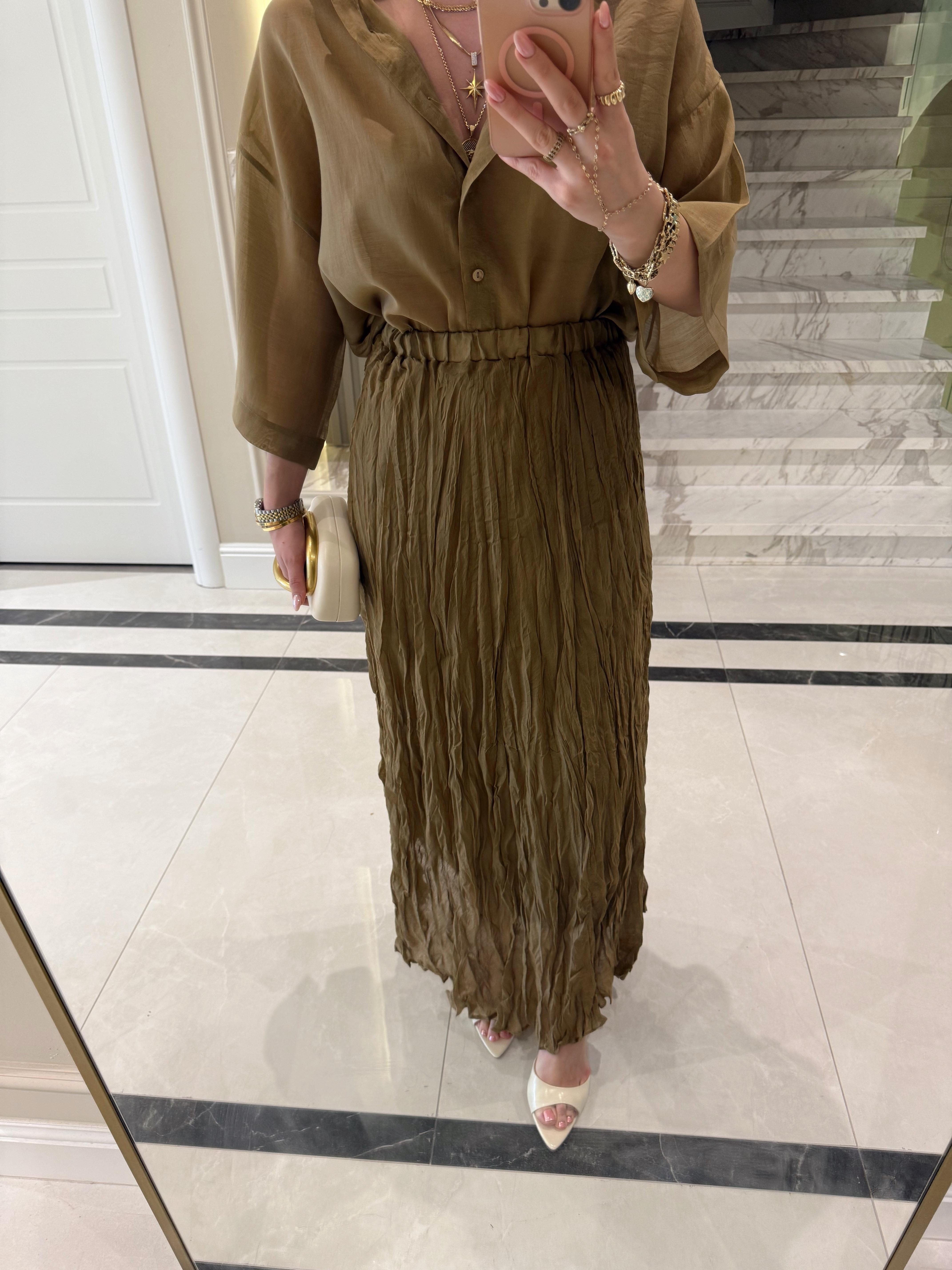 Olive Kırışık Bohem Etek-3207