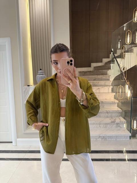 Olive Oversize Transparan Tensel Gömlek - 4914