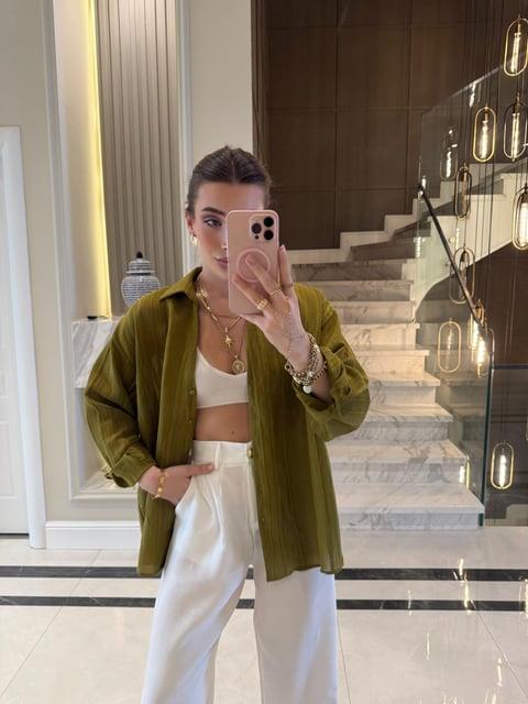 Olive Oversize Transparan Tensel Gömlek - 4914