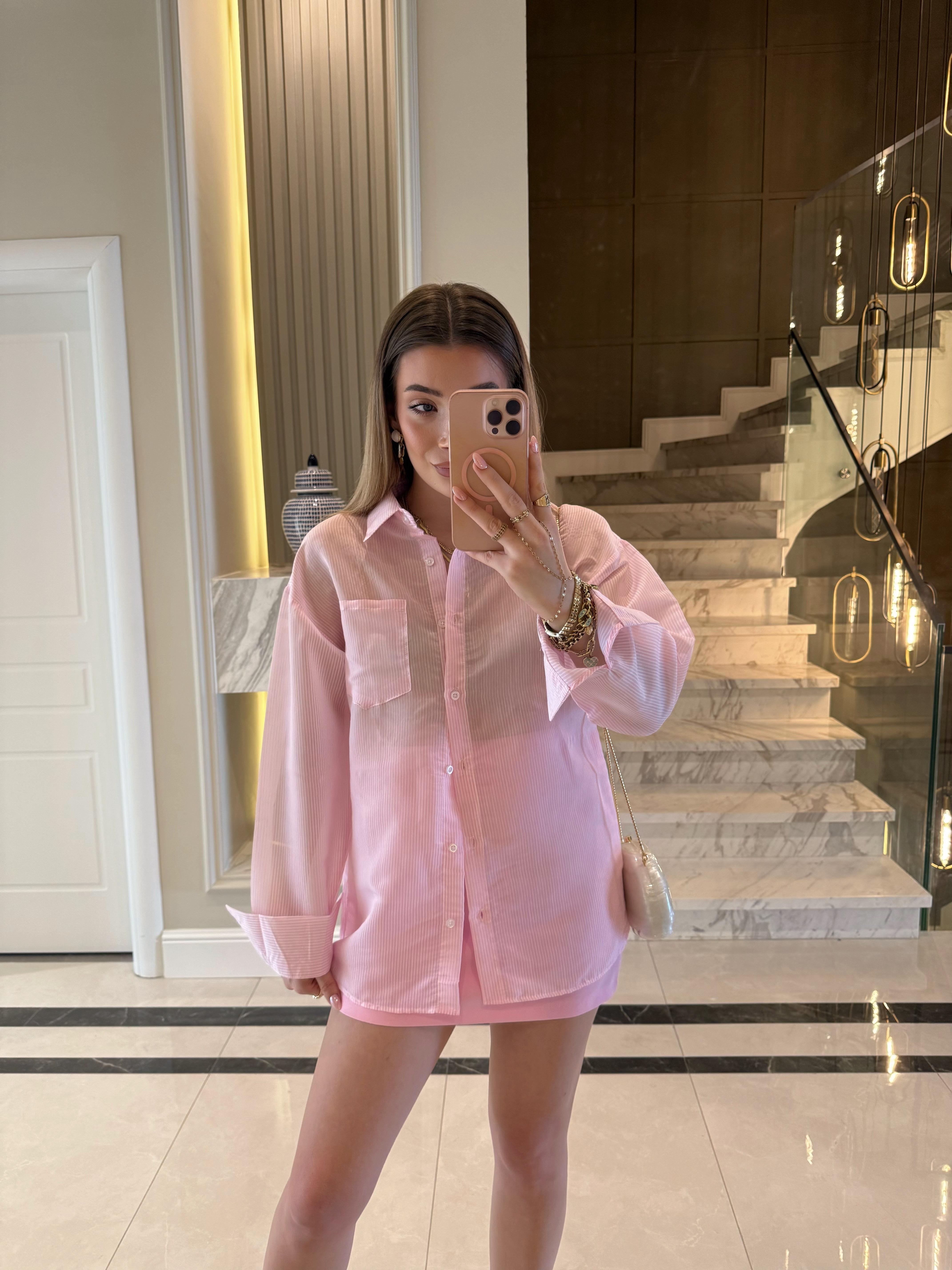 Pembe -Beyaz Çizgili Ms Oversize Gömlek 