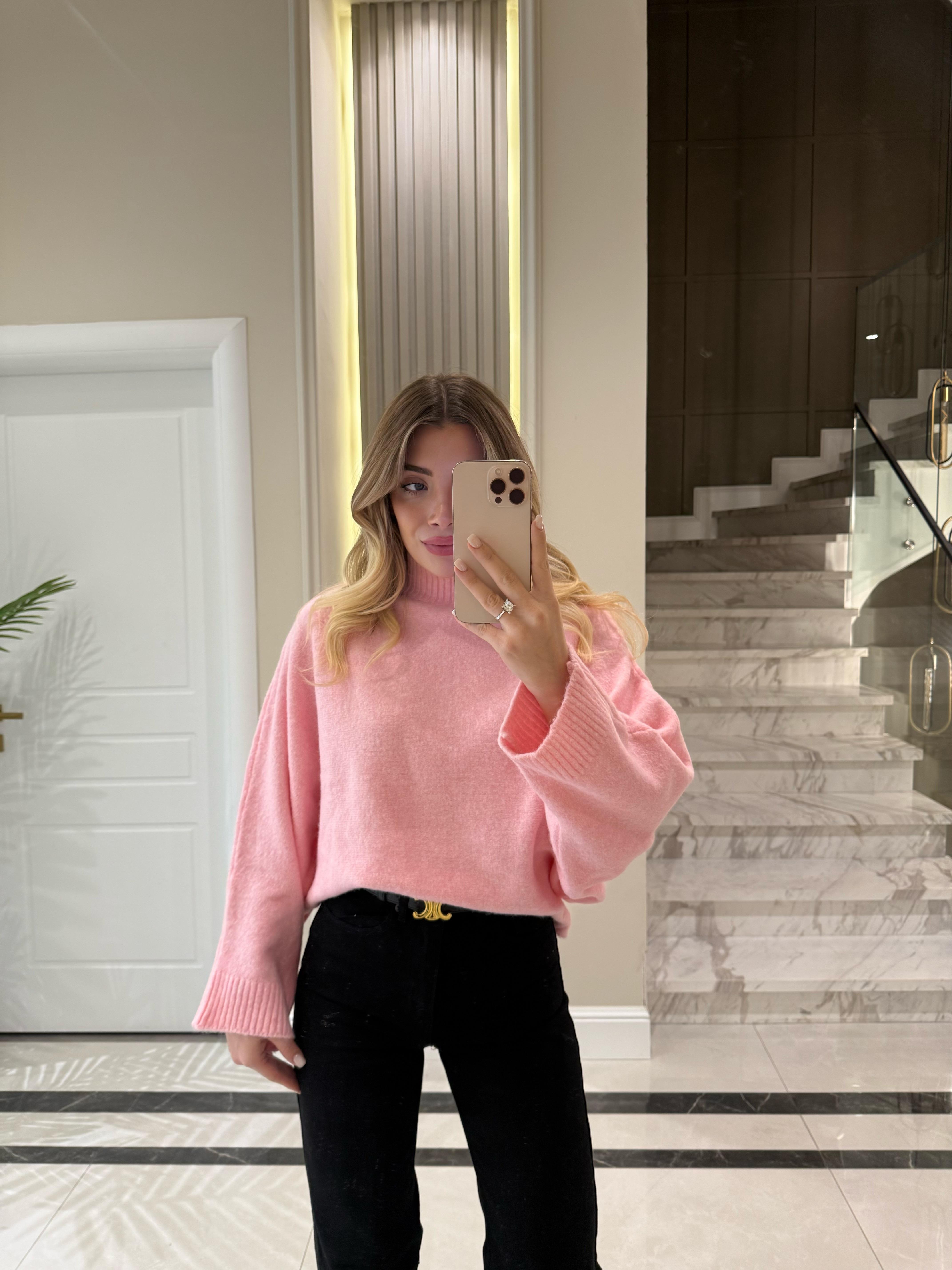 Pembe Boğazlı Triko Kazak-1155