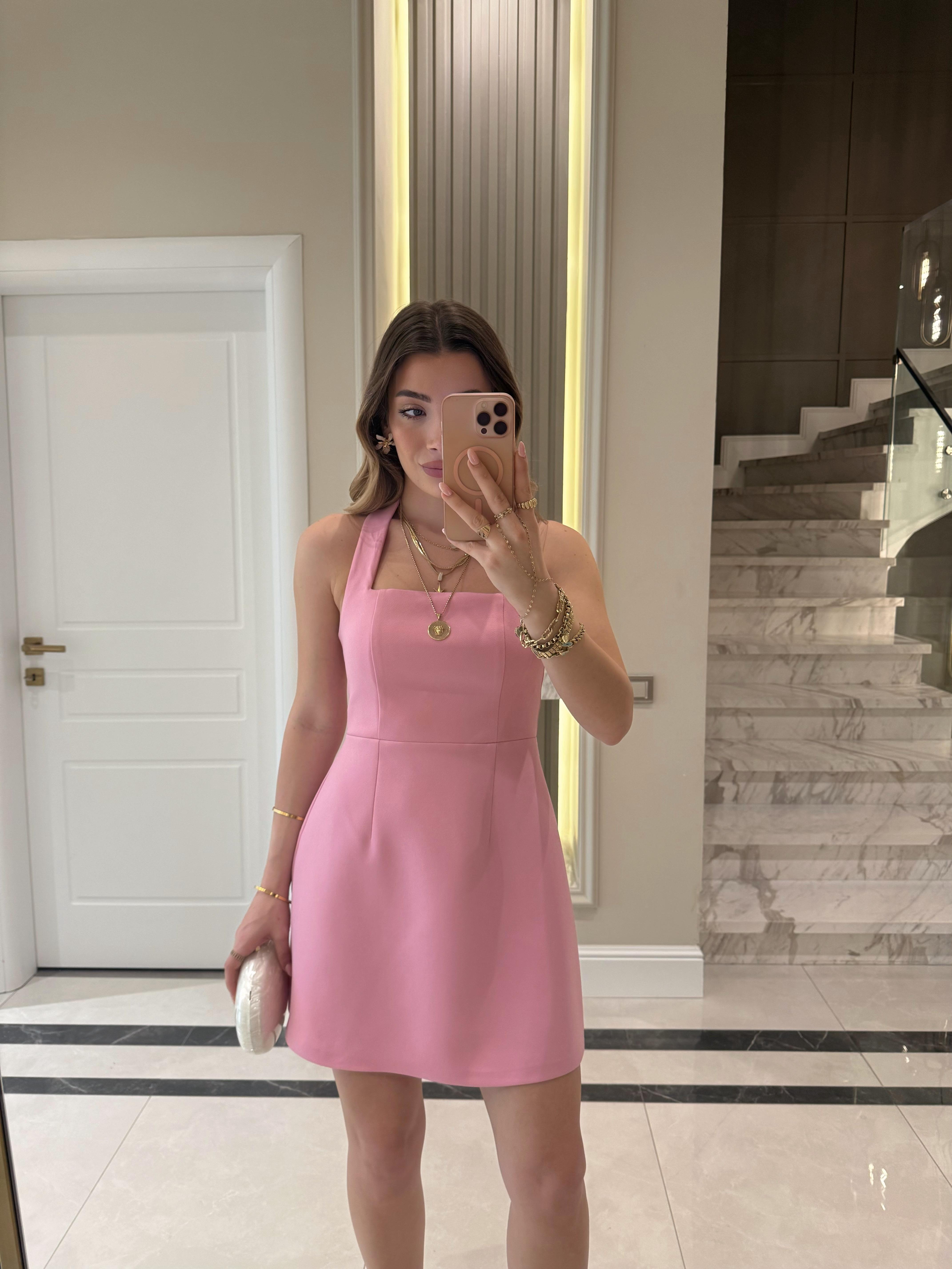 Pembe  Boyundan Askılı Mini Elbise