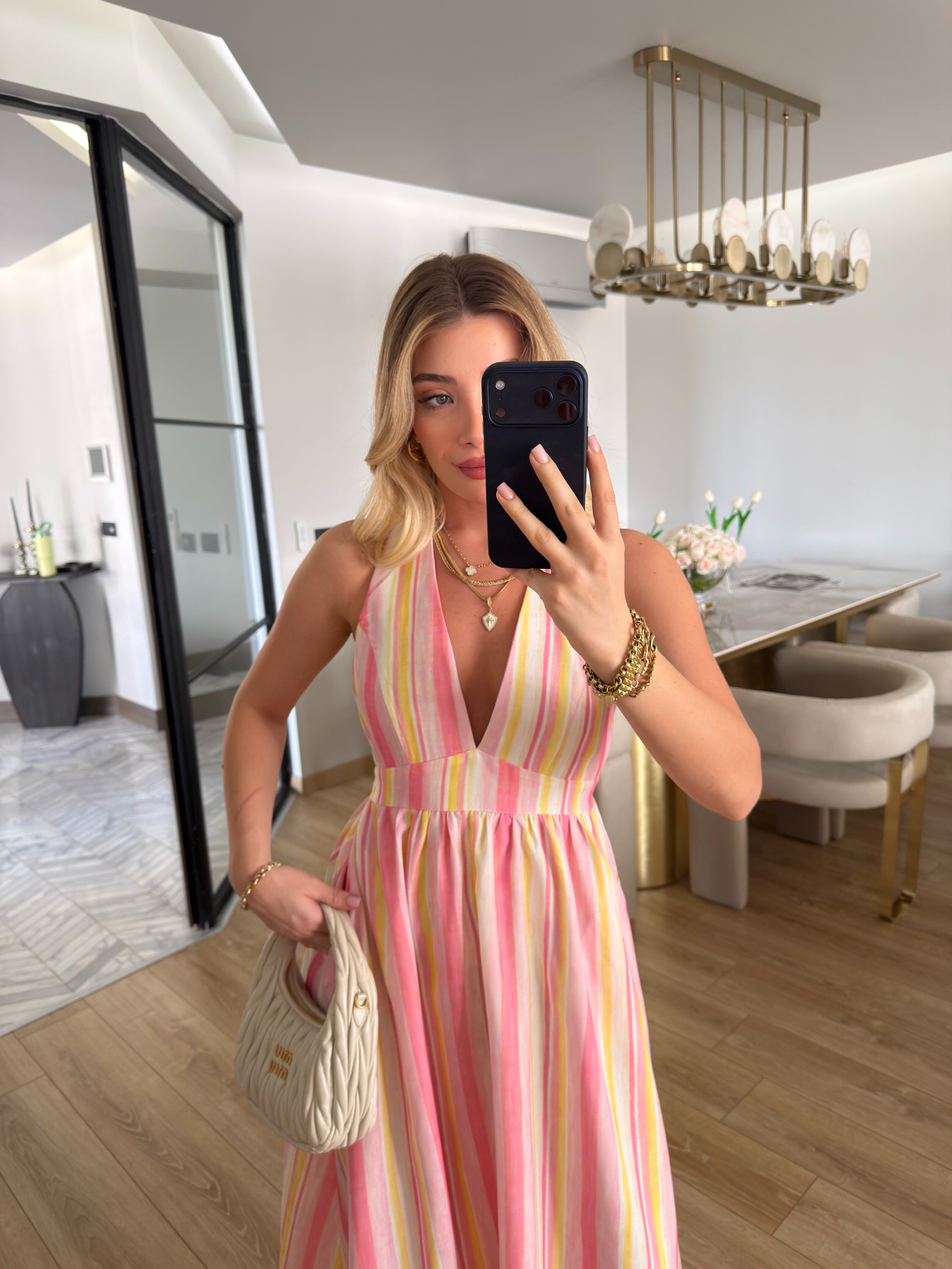 Pembe Çizgili Boyundan Bağlamalı Midi Boy Elbise-2251