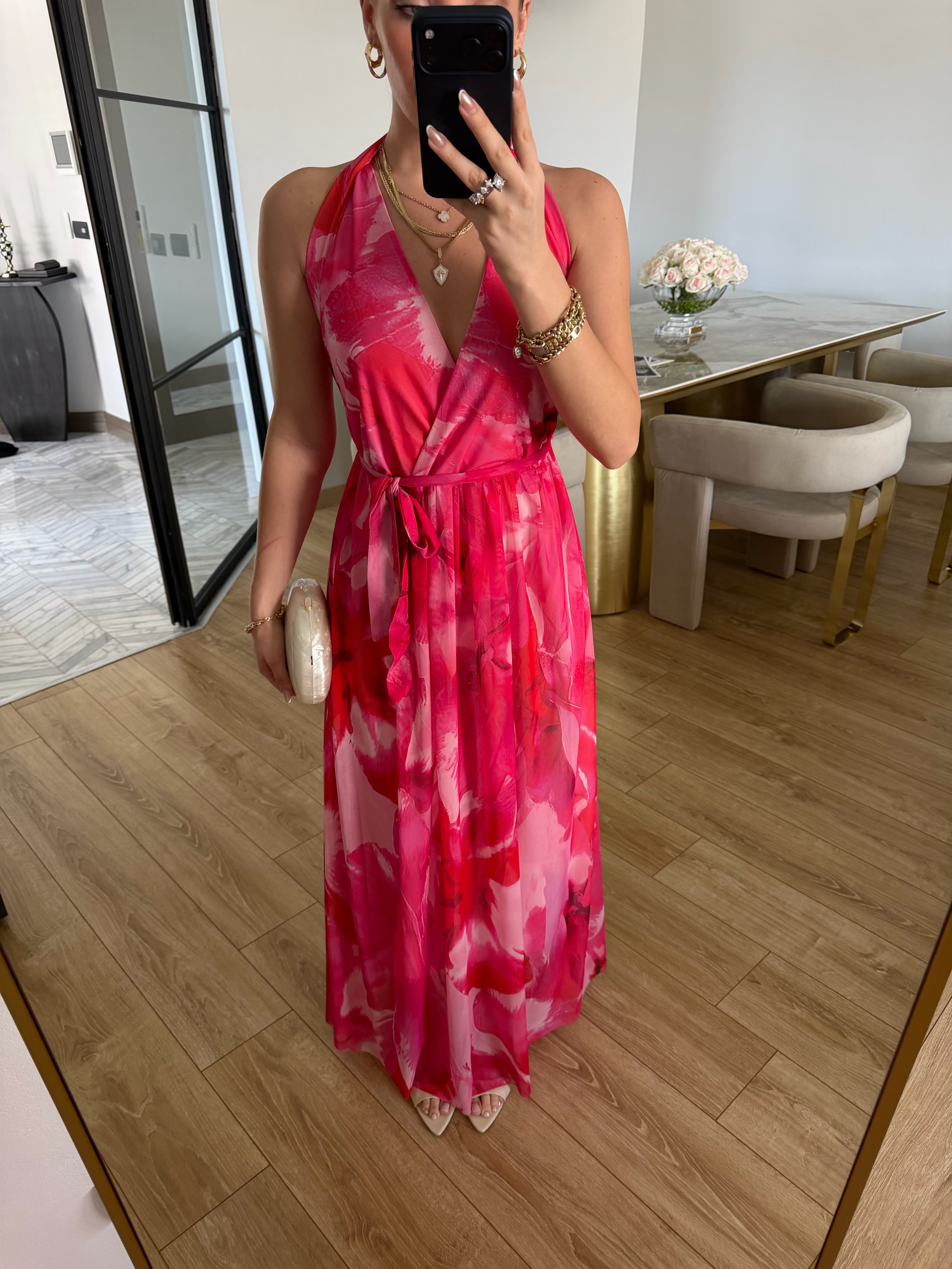 Pembe Desenli Comilla Elbise