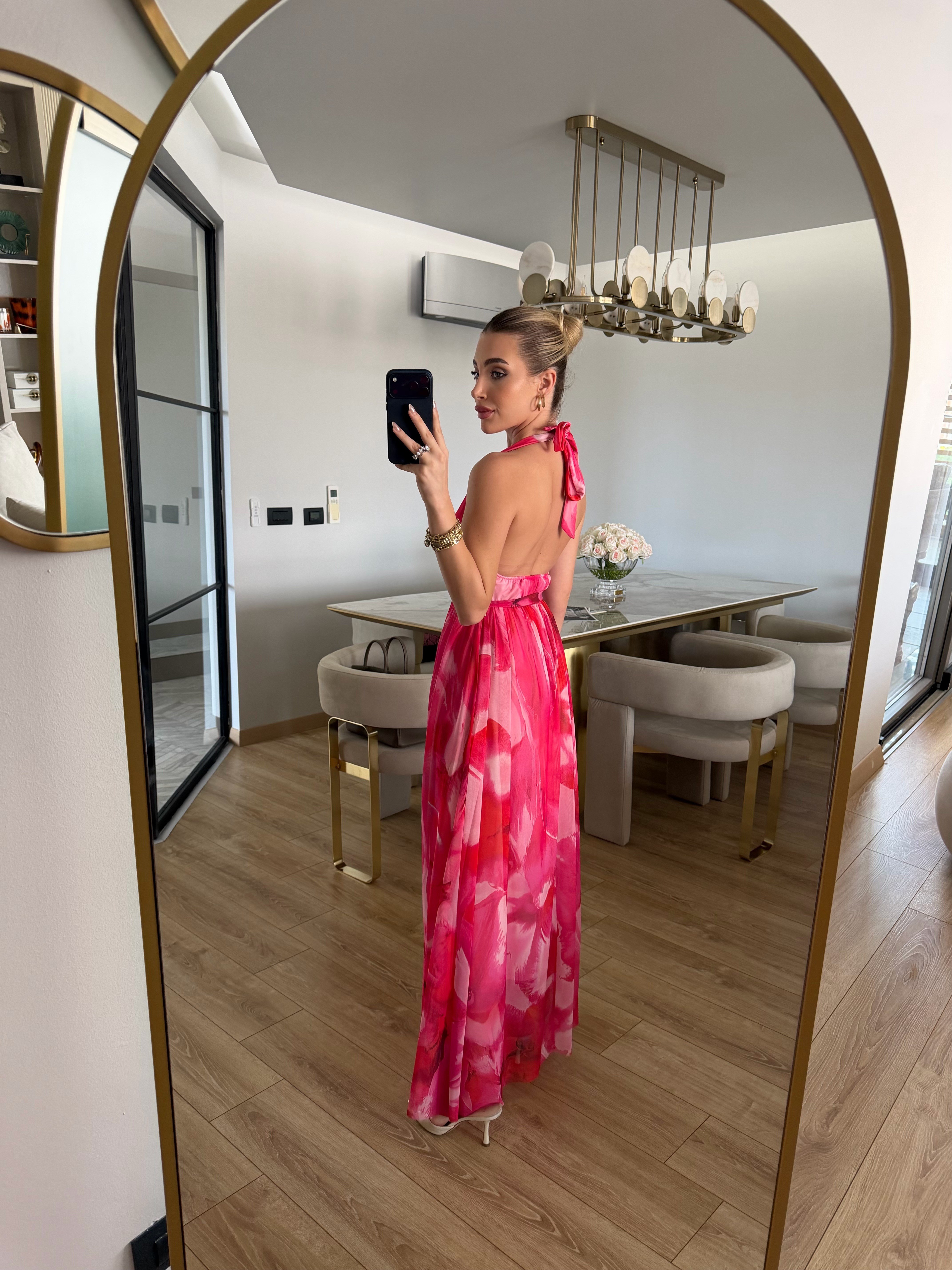 Pembe Desenli Comilla Elbise