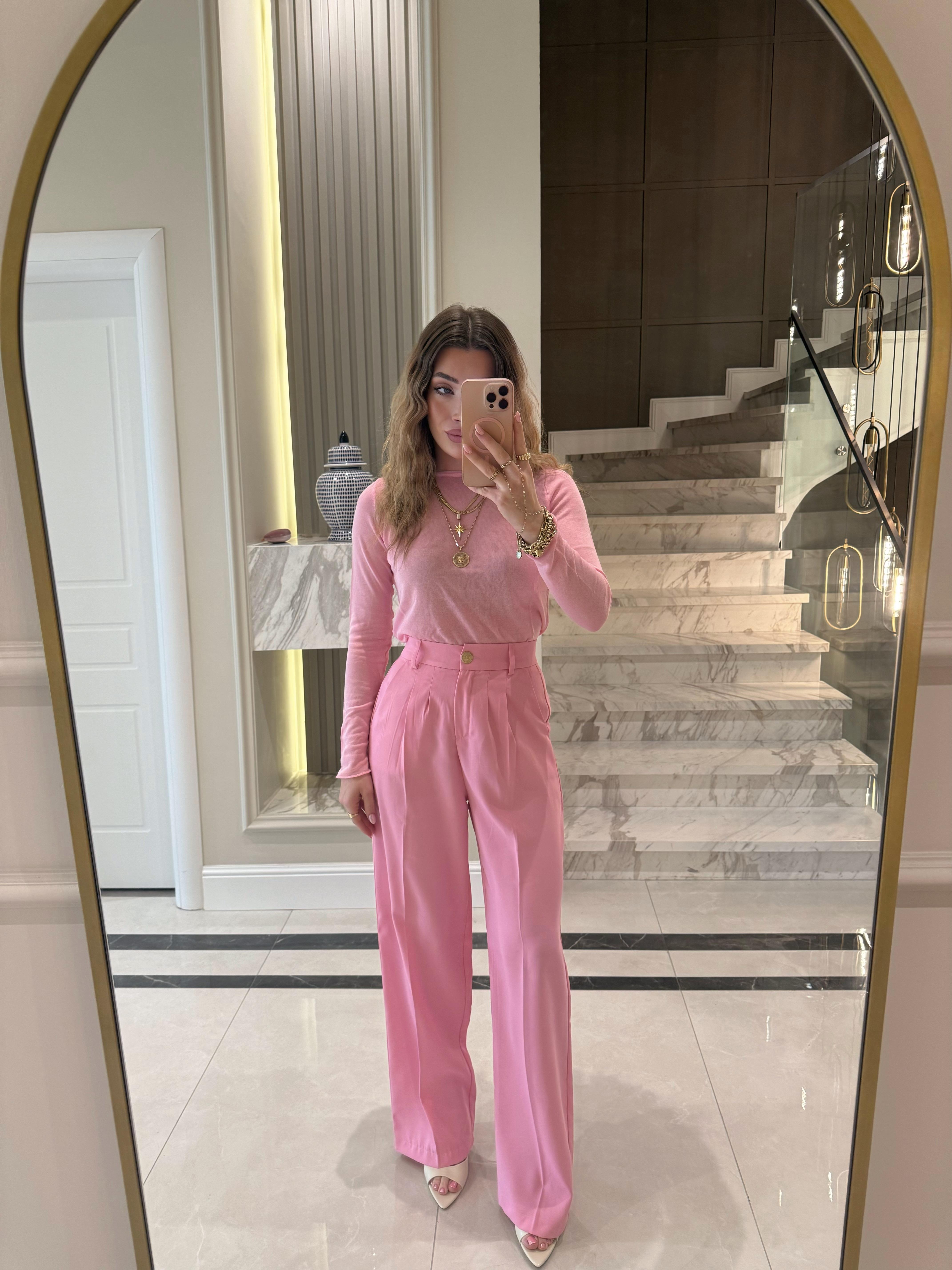Pembe Gold Düğmeli Pileli Palazzo Pantolon