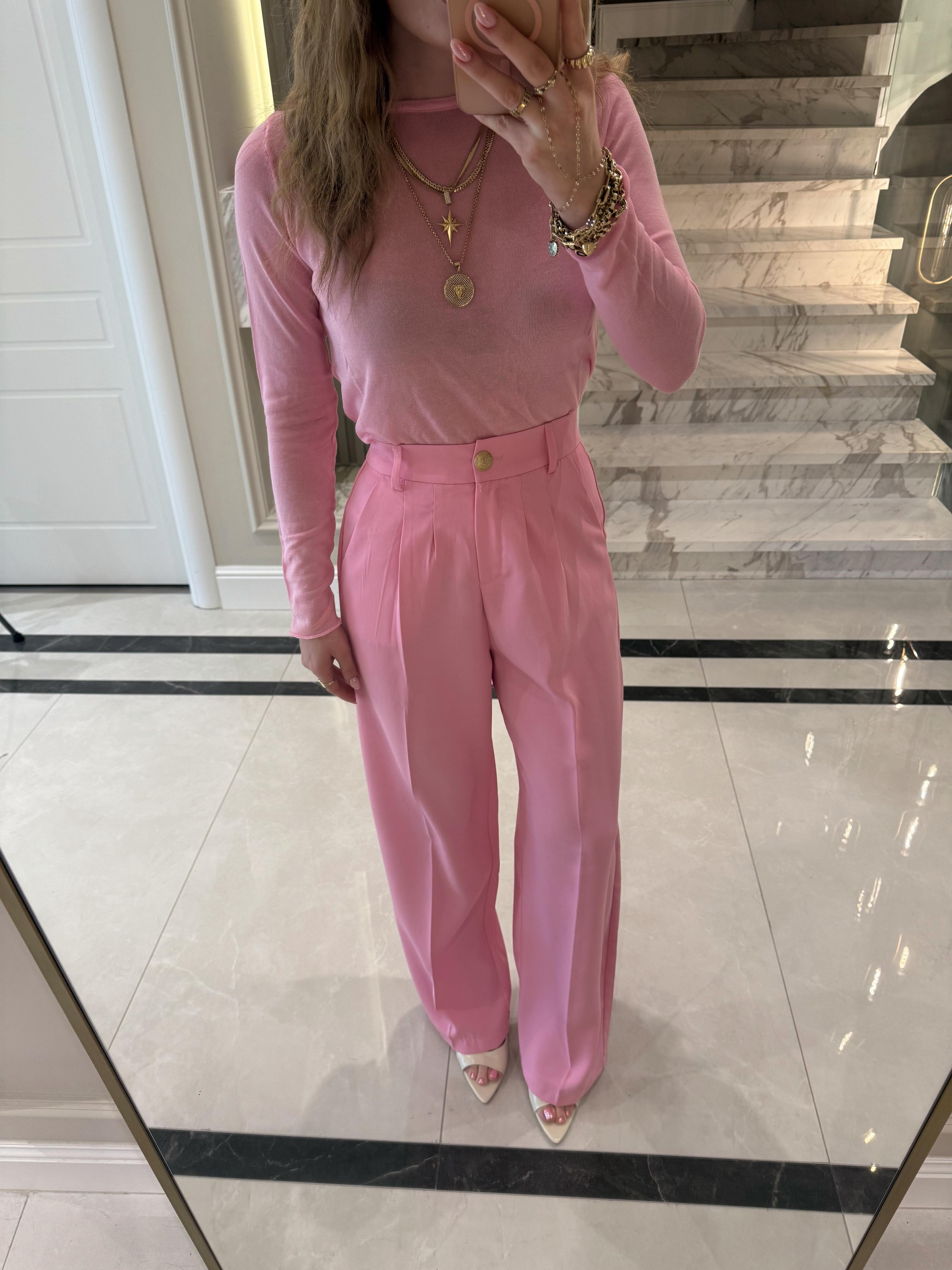 Pembe Gold Düğmeli Pileli Palazzo Pantolon