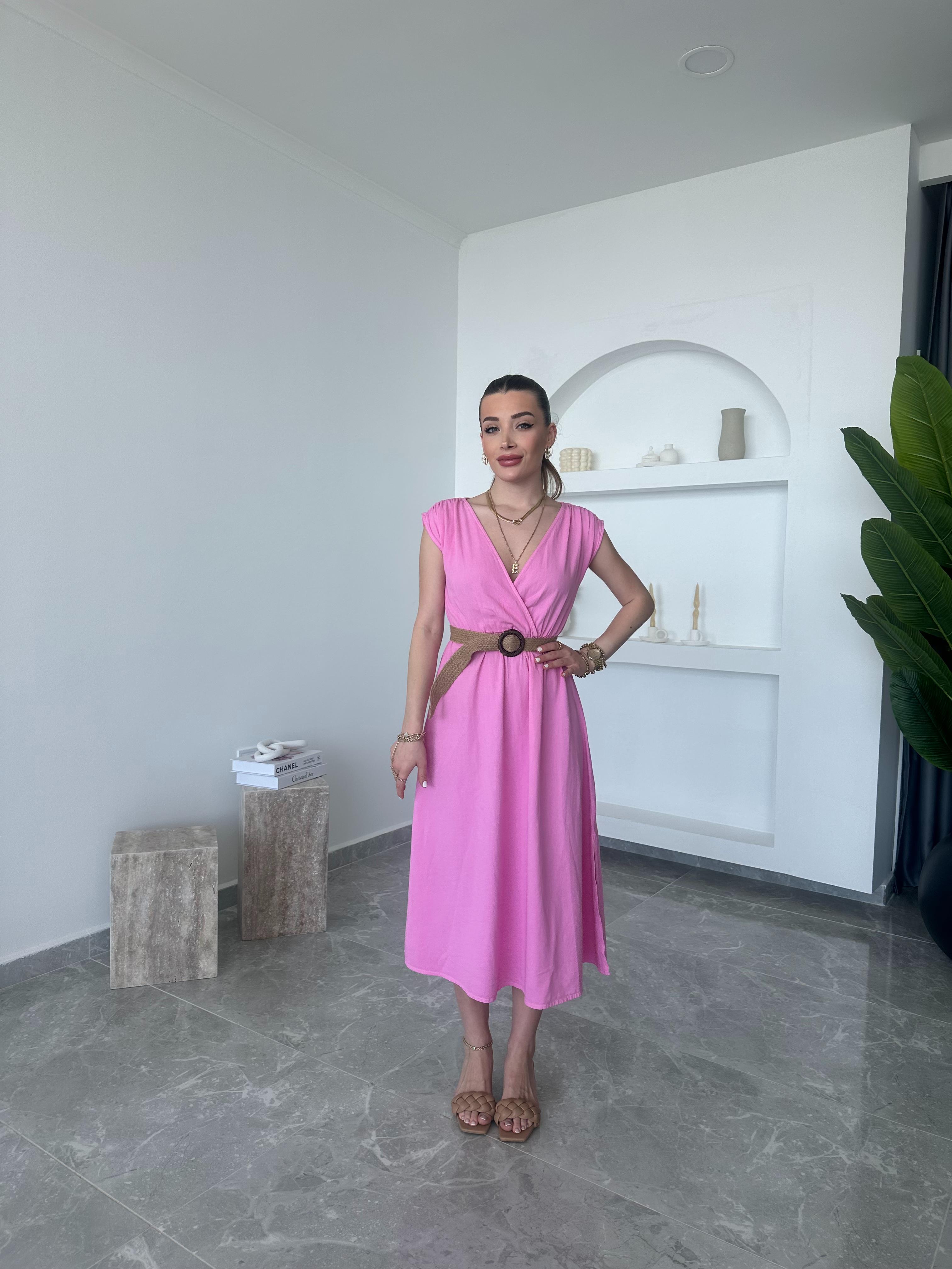 Pembe Hasır Kemerli Kruvaze Elbise