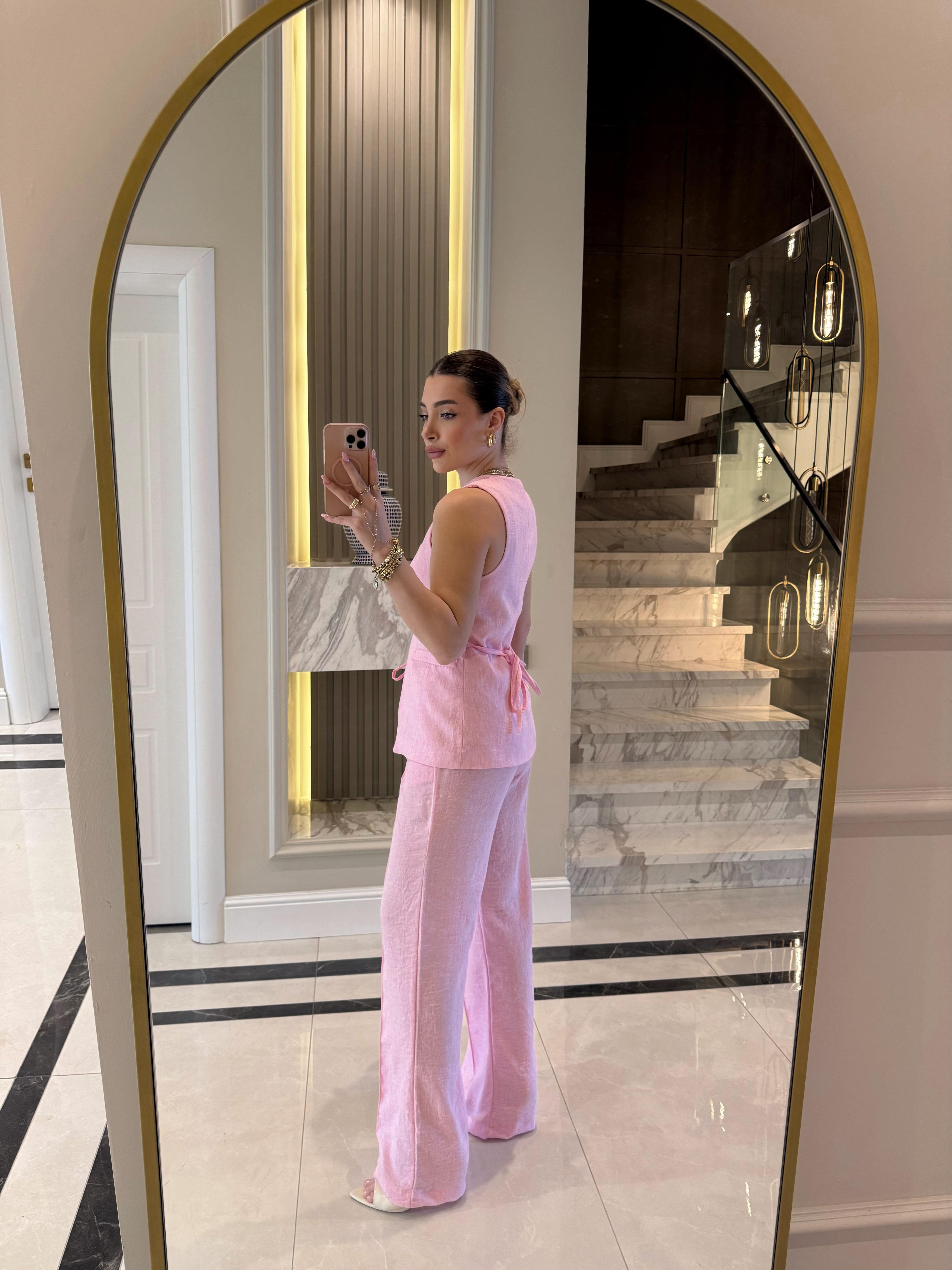 Pembe Kare Yaka Yelek Pantolon Keten Takım