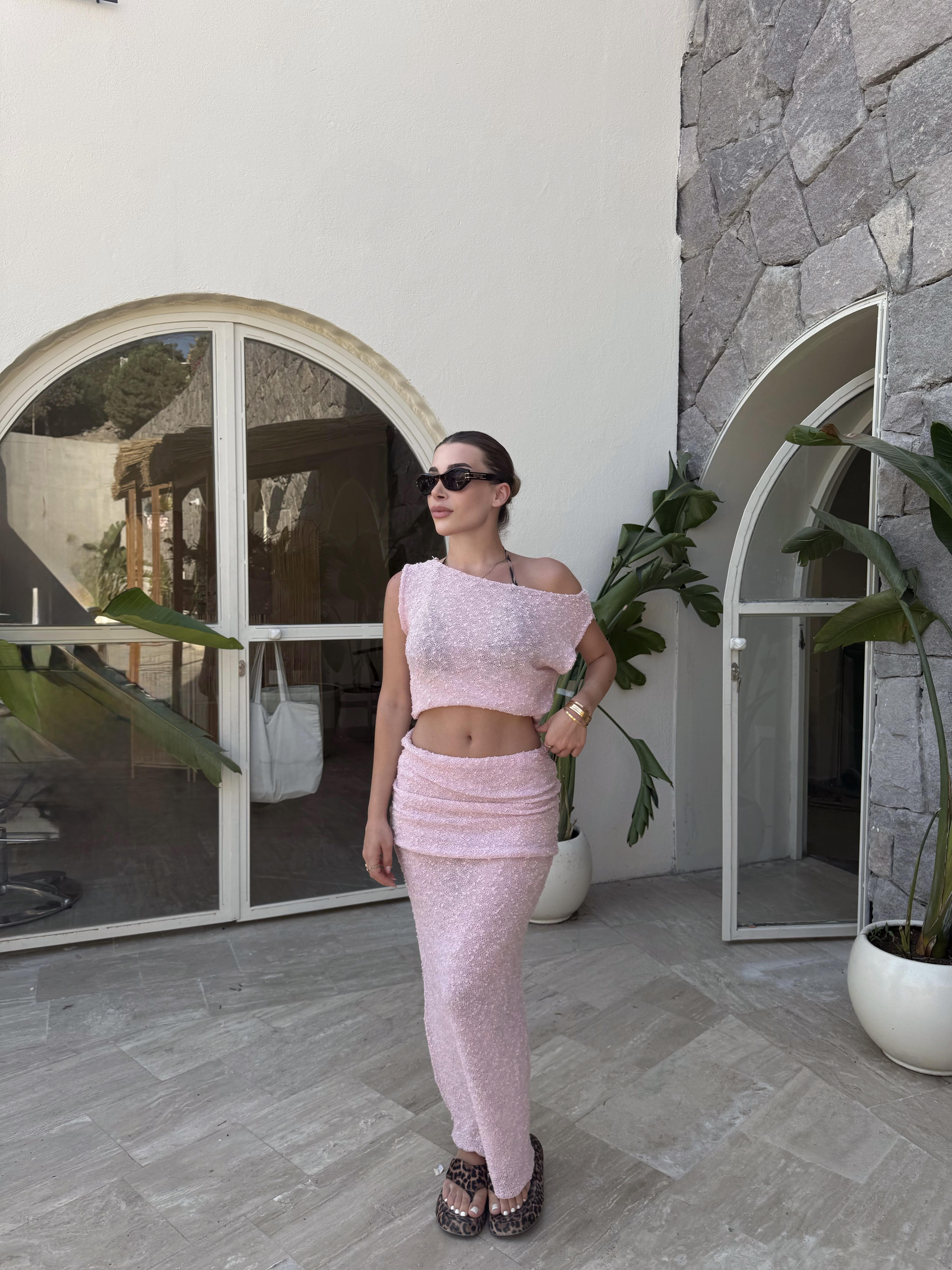 Pembe Kendinden Dokulu Drape Detaylı İkili Takım