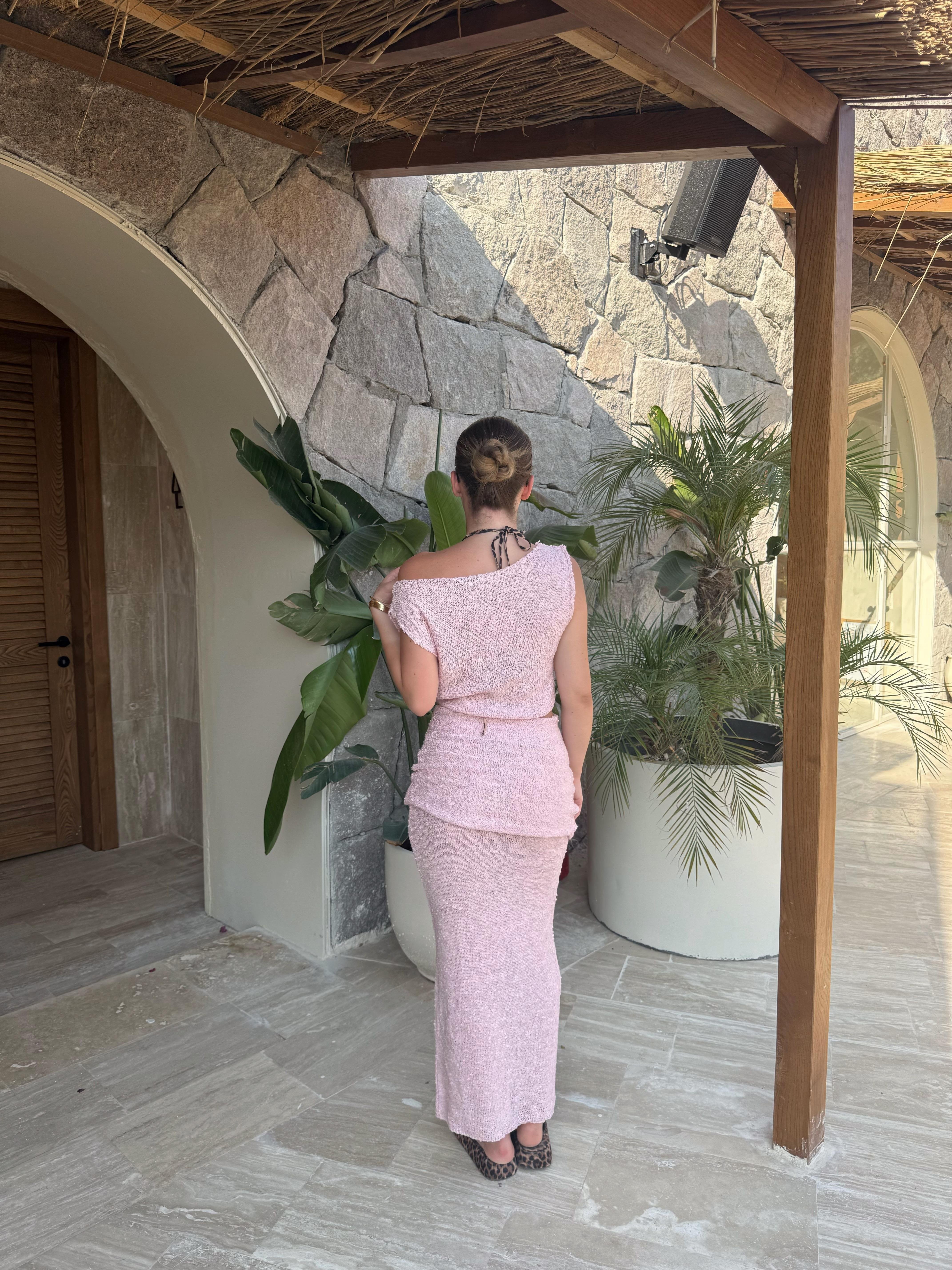 Pembe Kendinden Dokulu Drape Detaylı İkili Takım