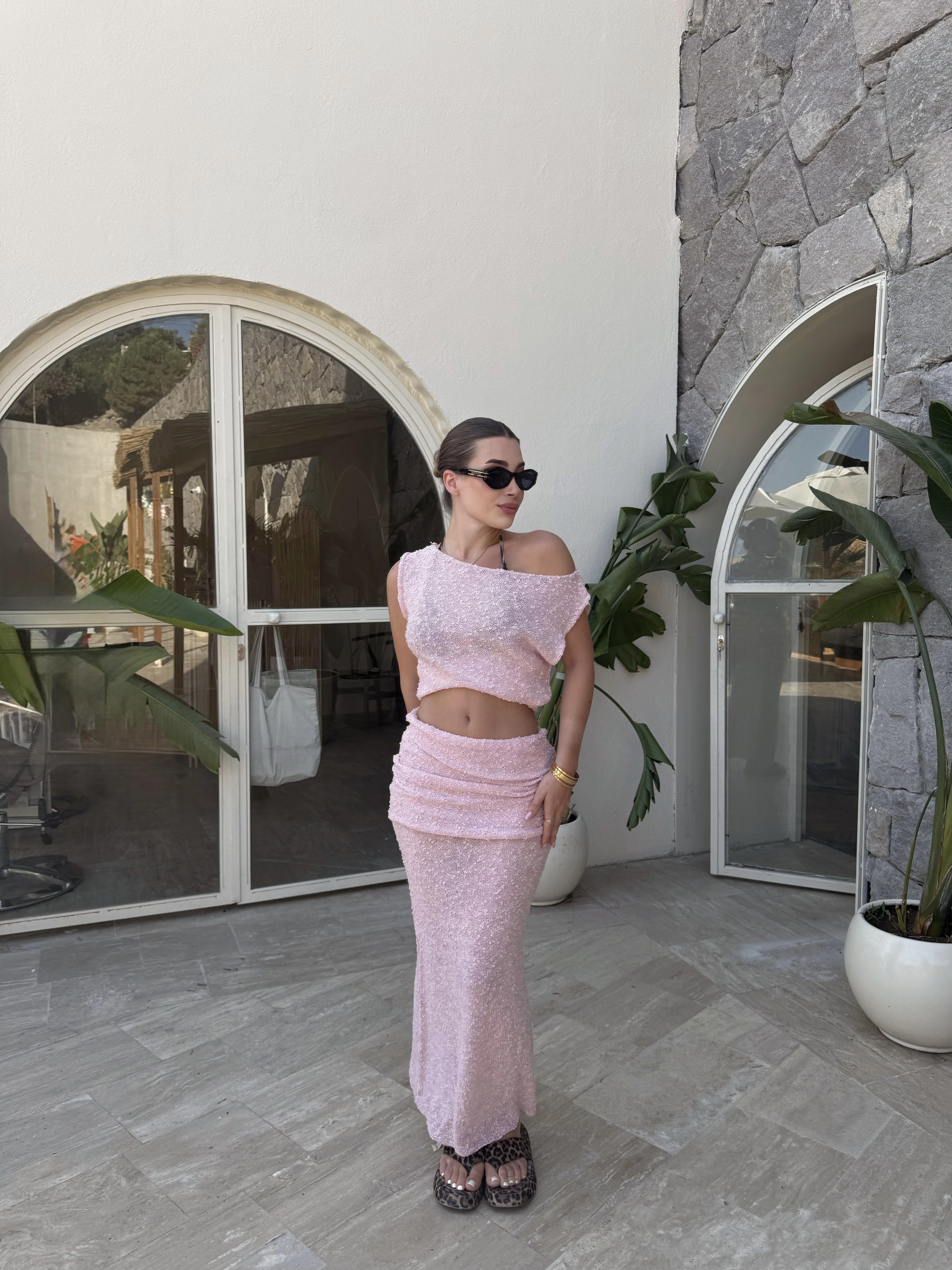 Pembe Kendinden Dokulu Drape Detaylı İkili Takım