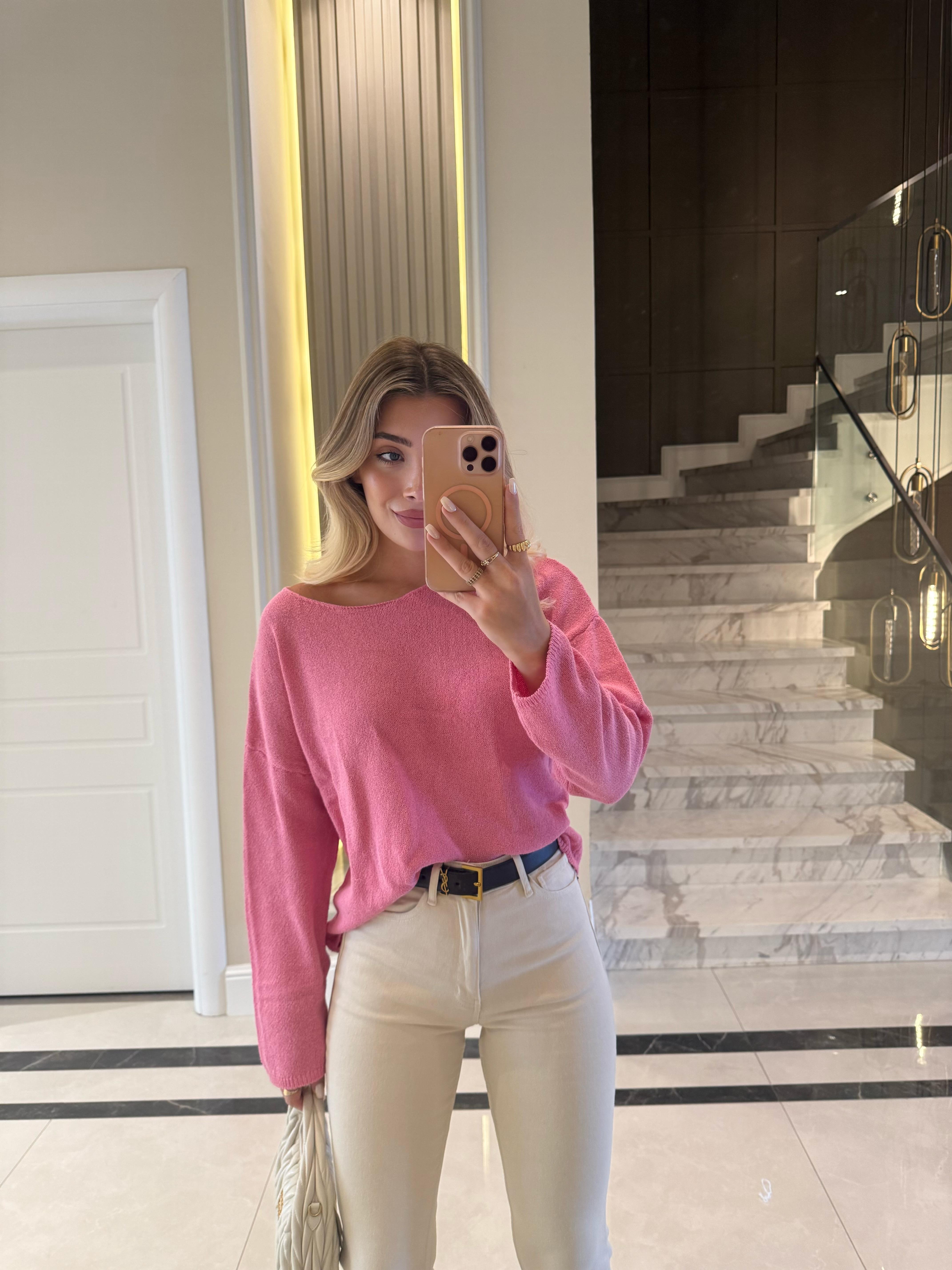 Pembe Kendinden Yakalı Düz Triko -251007