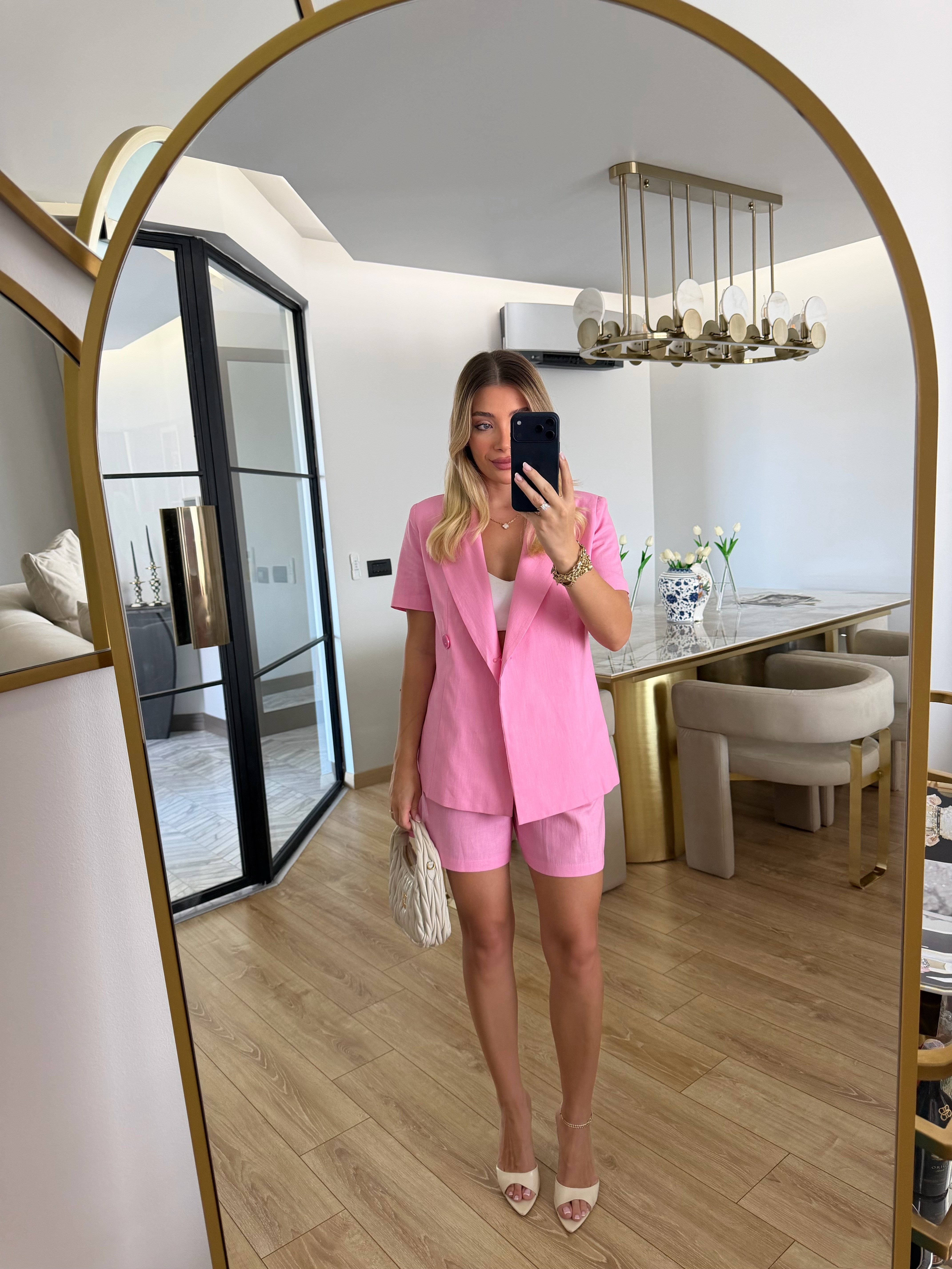 Pembe Keten Kısa Kol Blazer Ceket-Takım