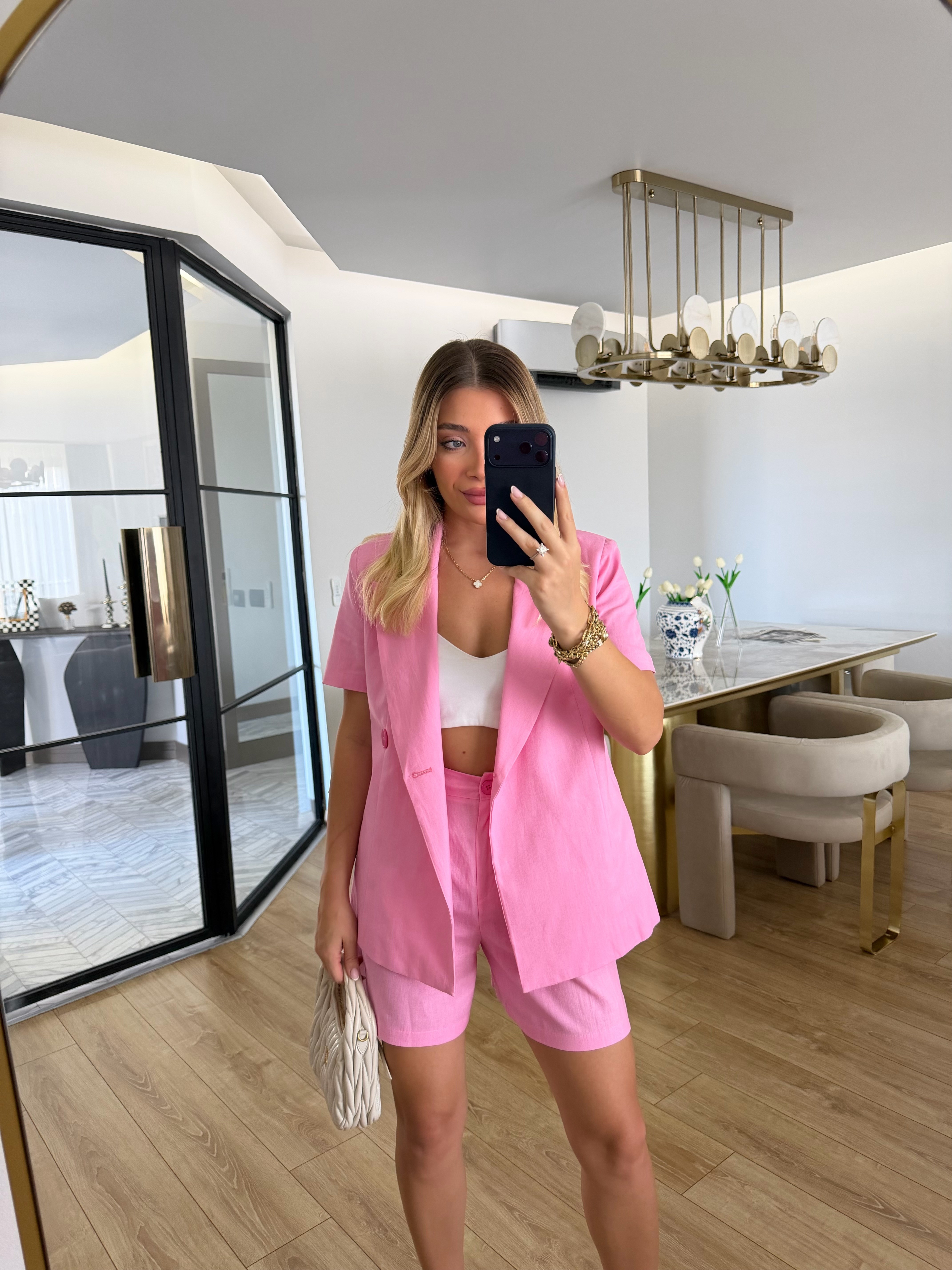 Pembe Keten Kısa Kol Blazer Ceket-Takım