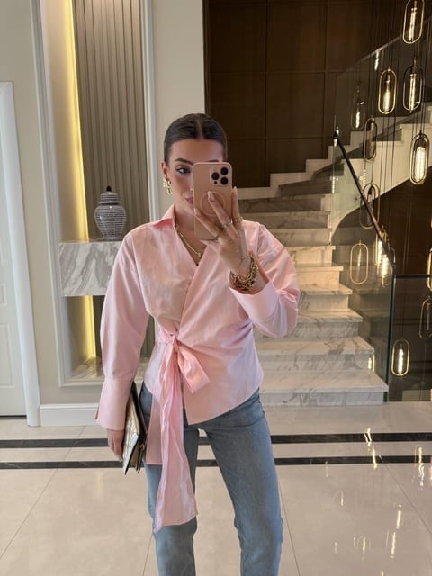 Pembe Kruvaze Bağlamalı Gömlek-Qu