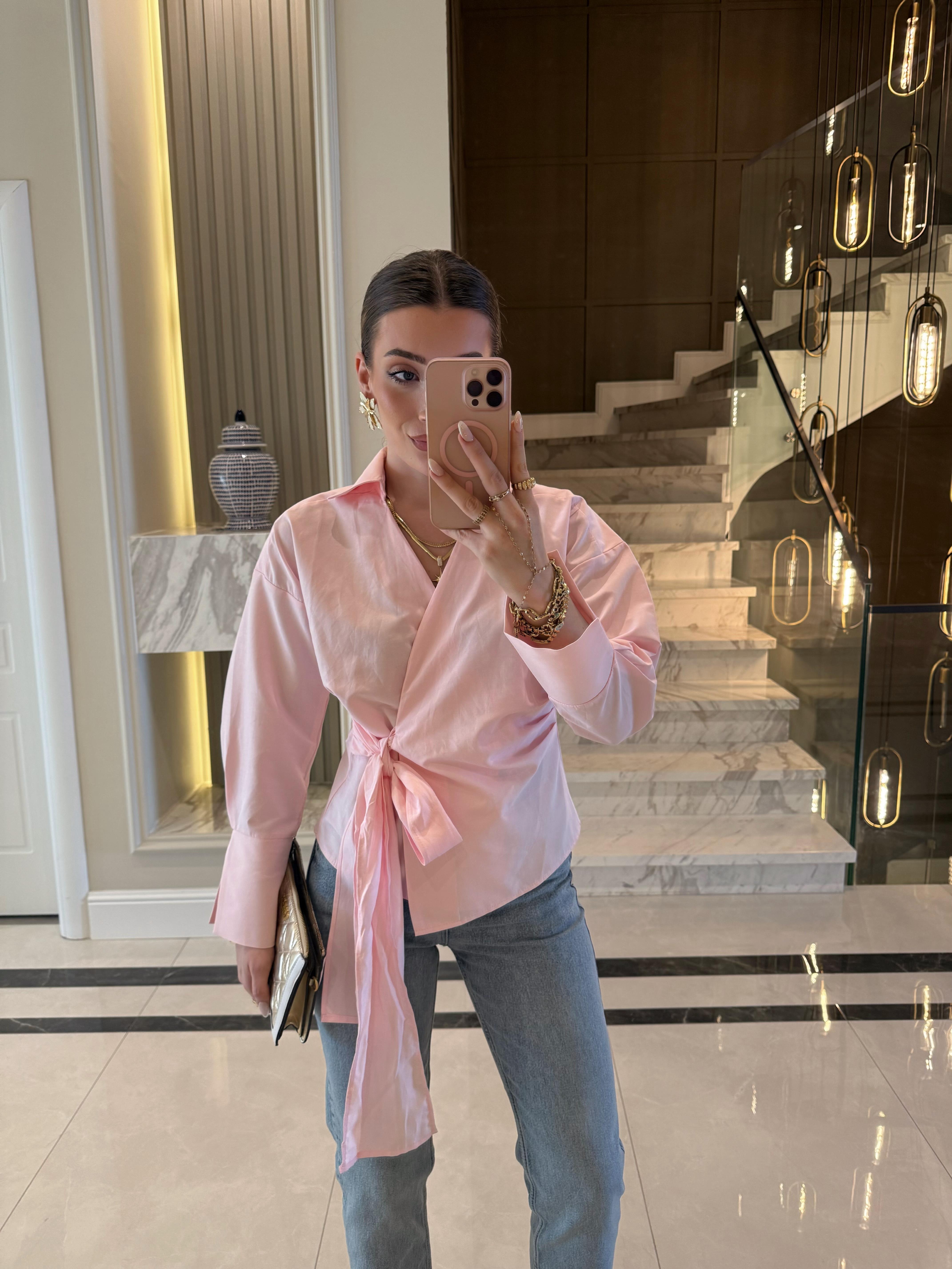 Pembe Kruvaze Bağlamalı Gömlek-Qu