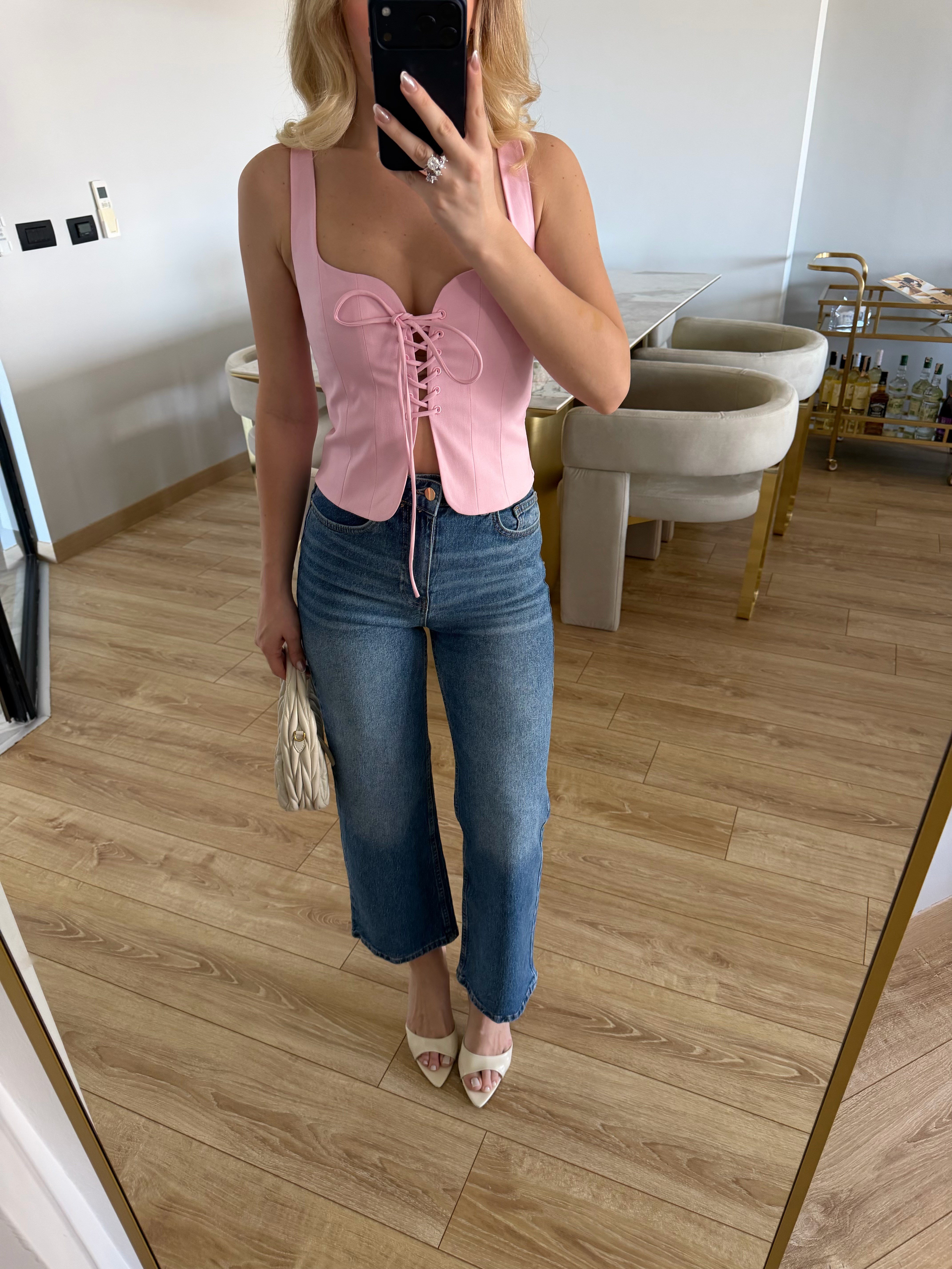 Pembe Önü İpli Korse Bluz-3220