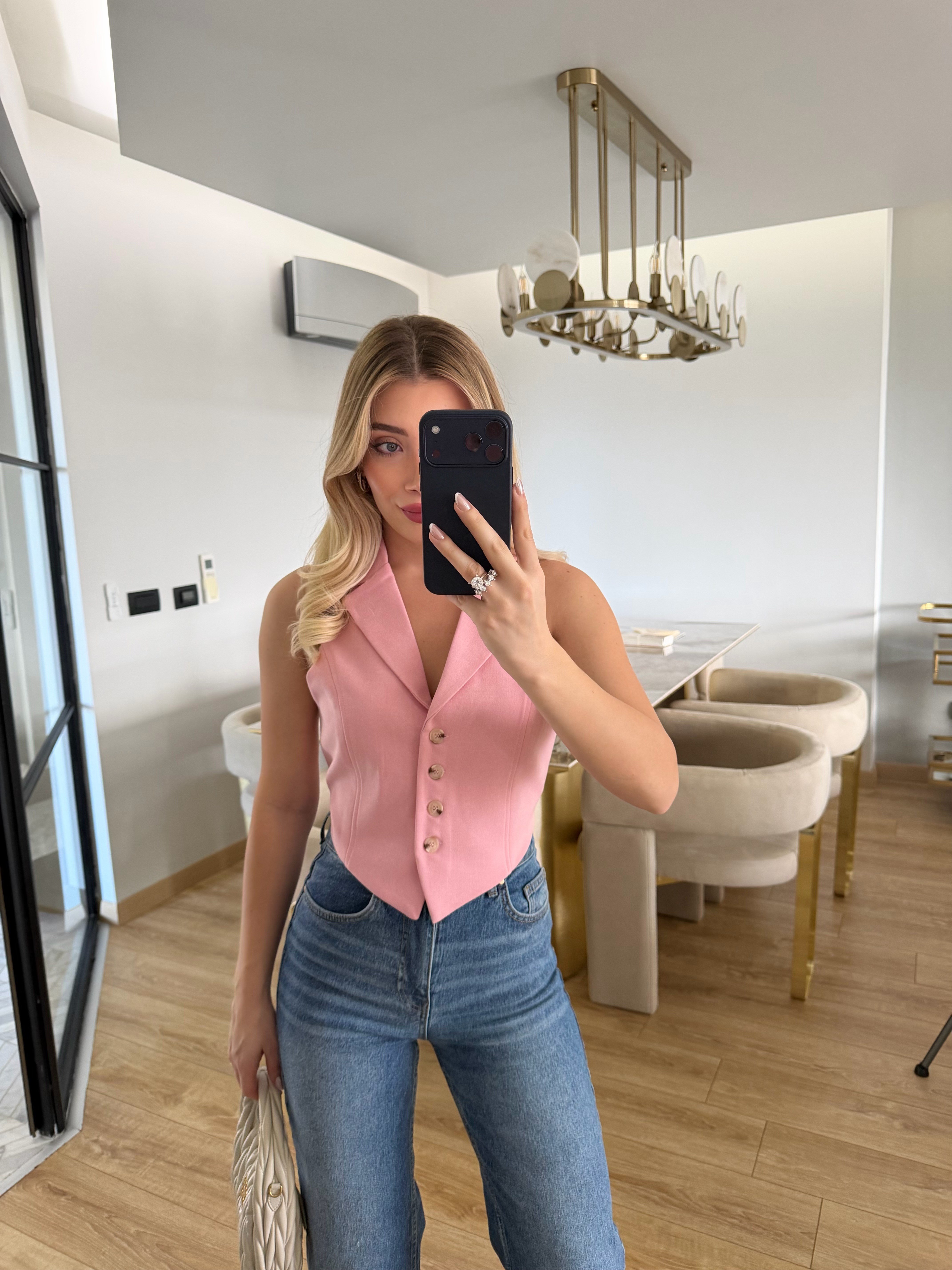 Pembe Poliviskon Kumaş Yelek-8004