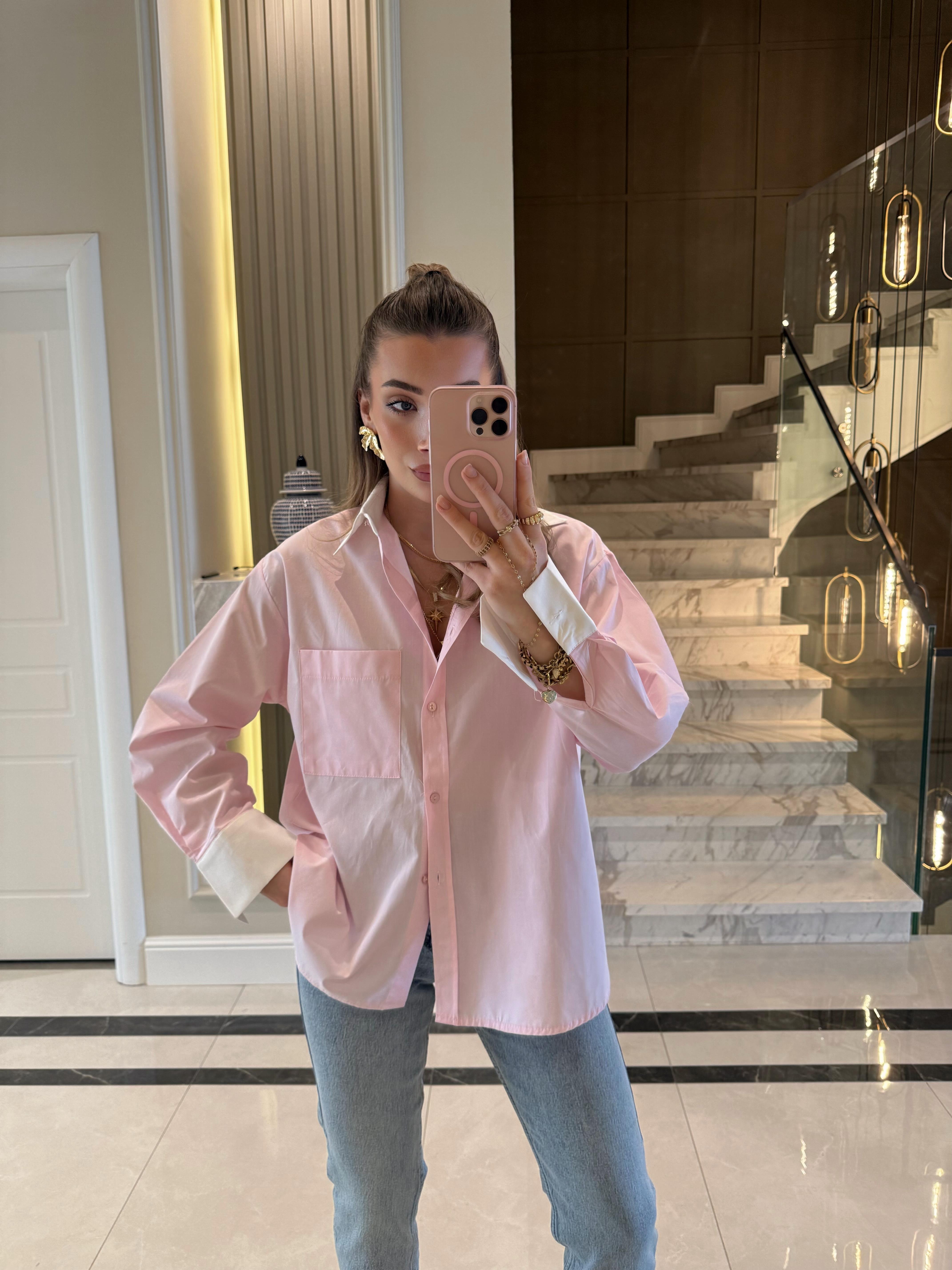 Pembe Poplin Görice Gömlek-103140