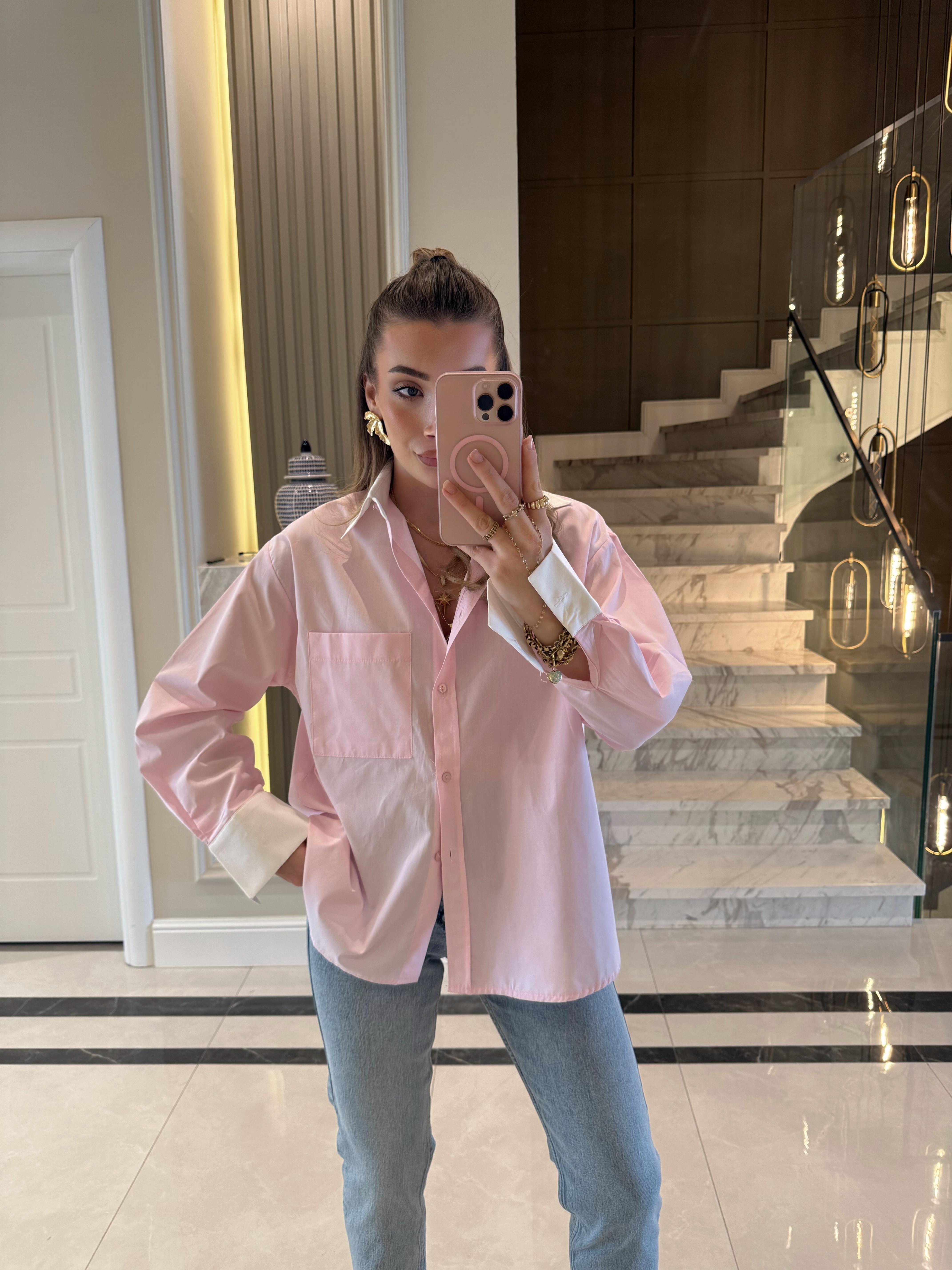 Pembe Poplin Görice Gömlek-103140