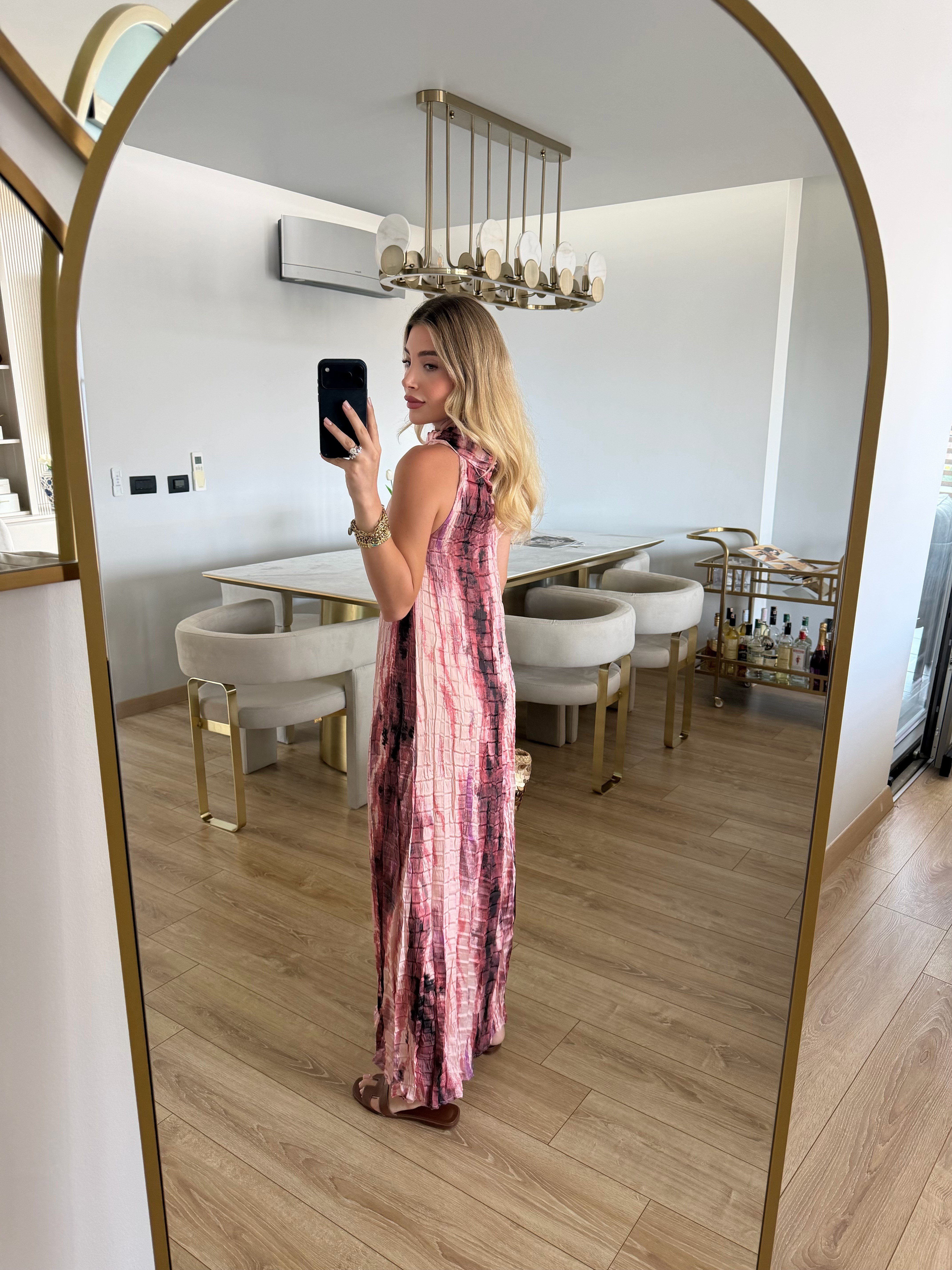 Pembe Saten Boyun Detaylı Batik Desenli Elbise 1059