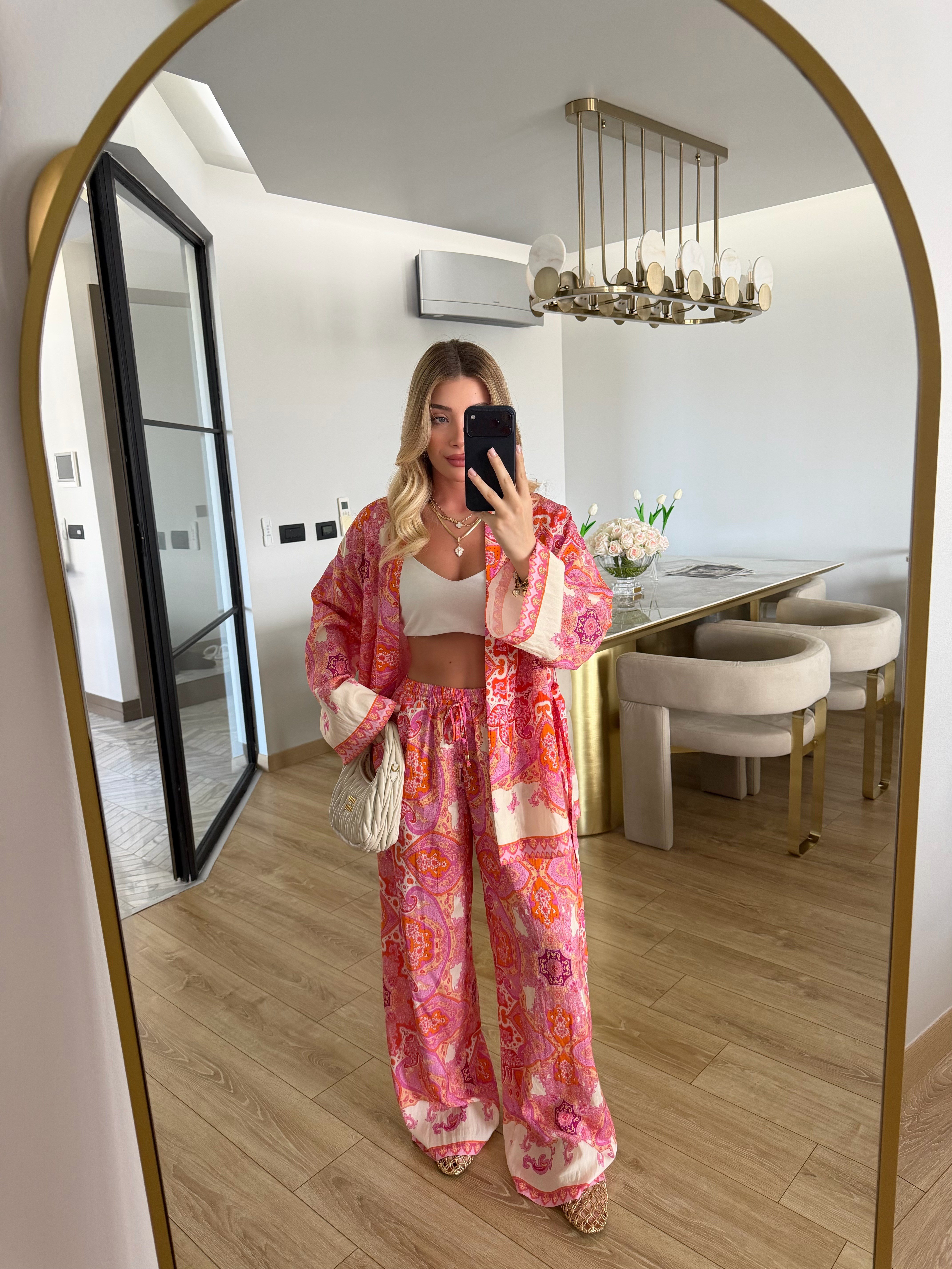 Pembe-Turuncu Etnik Desenli İkili Kimono -Pantolon Takım 