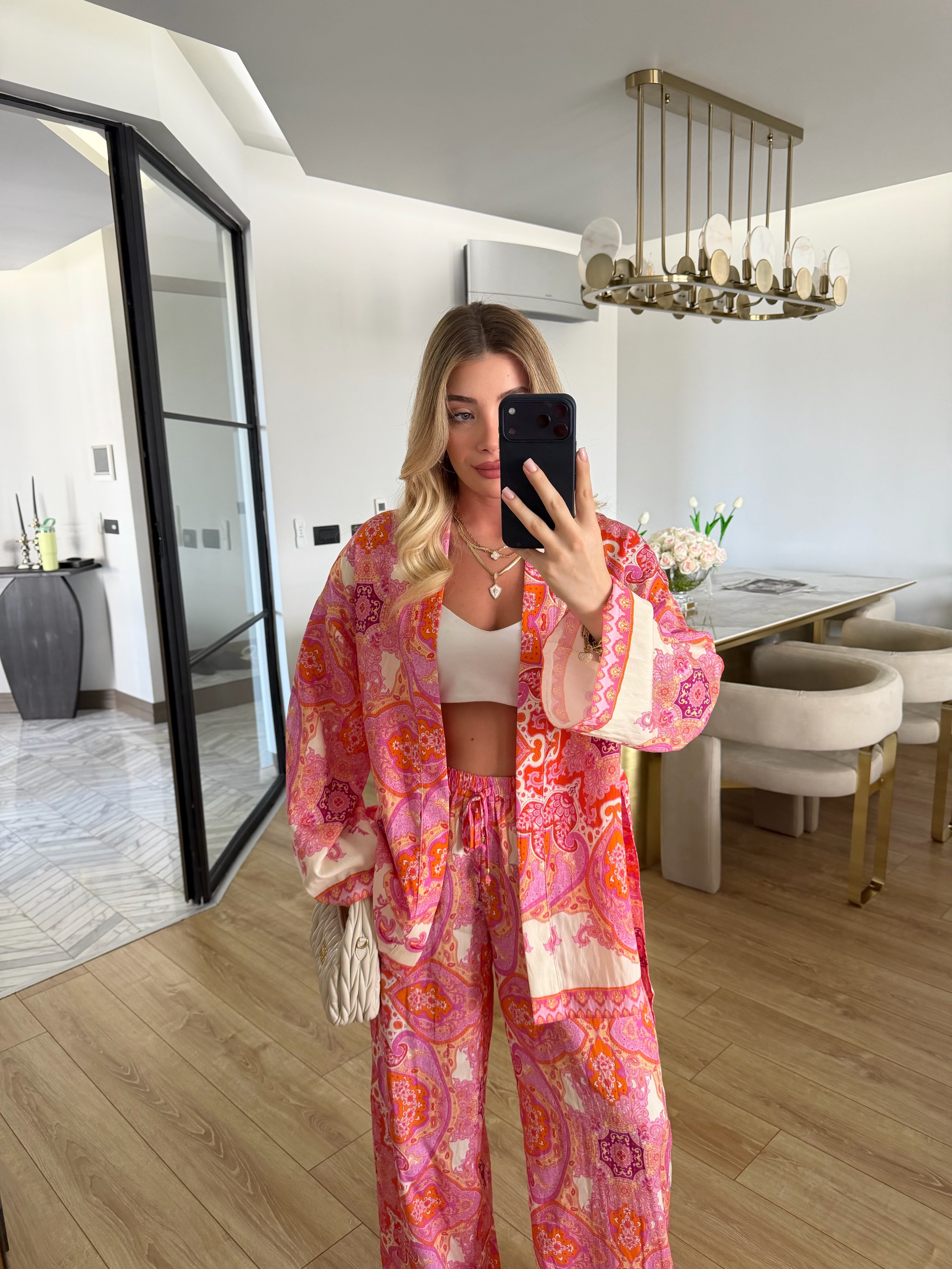 Pembe-Turuncu Etnik Desenli İkili Kimono -Pantolon Takım 