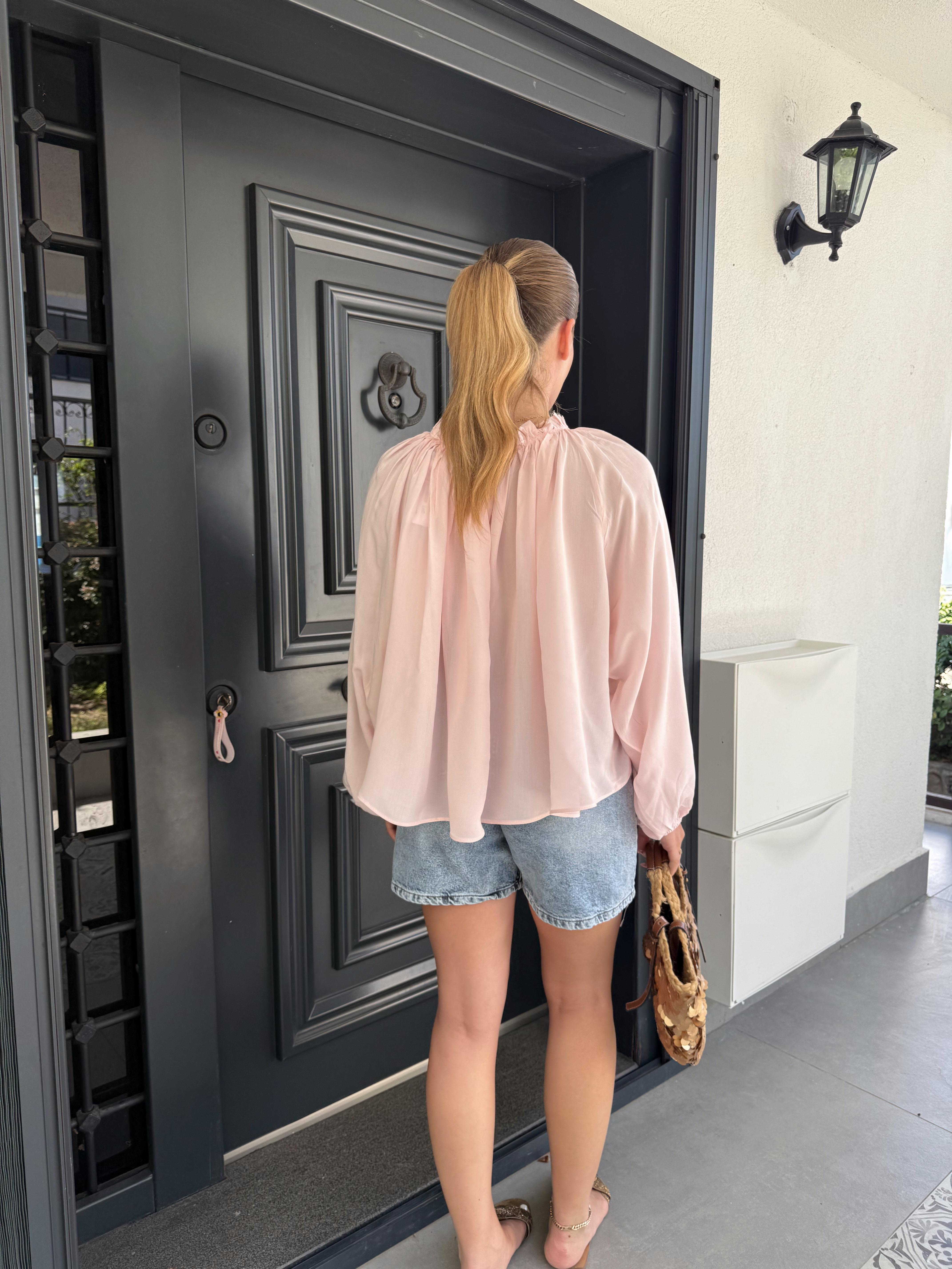 Pembe Yakası Büzgülü Bluz -4959