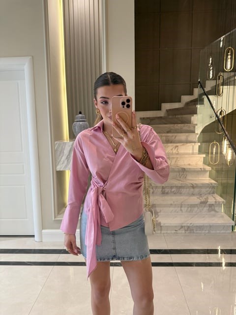 Pembe Yandan Bağlamalı Poplin 0130 Gömlek-QZ