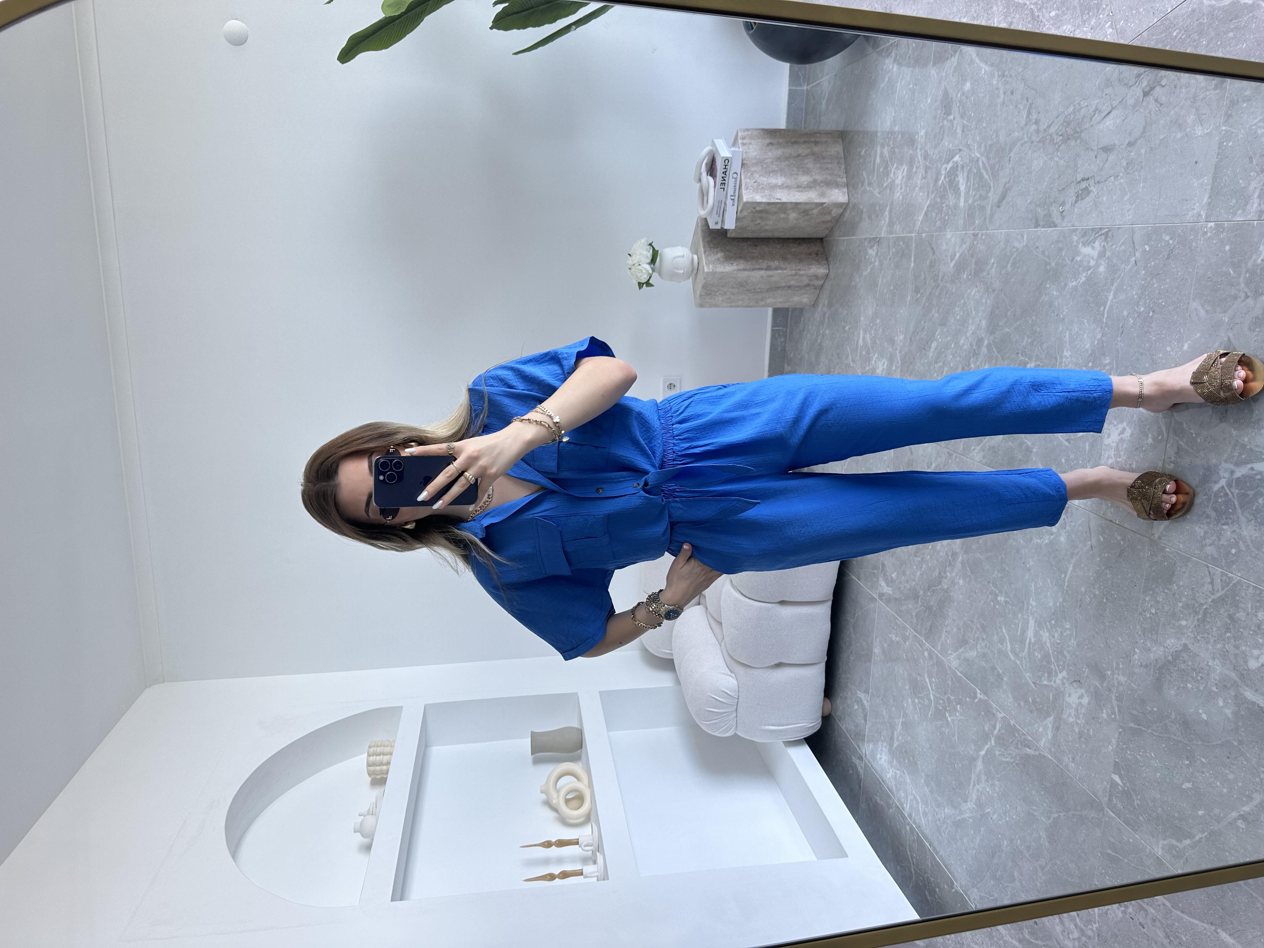Saks Önü Bağlamalı Kısa Gömlek Pantolon İkili Takım