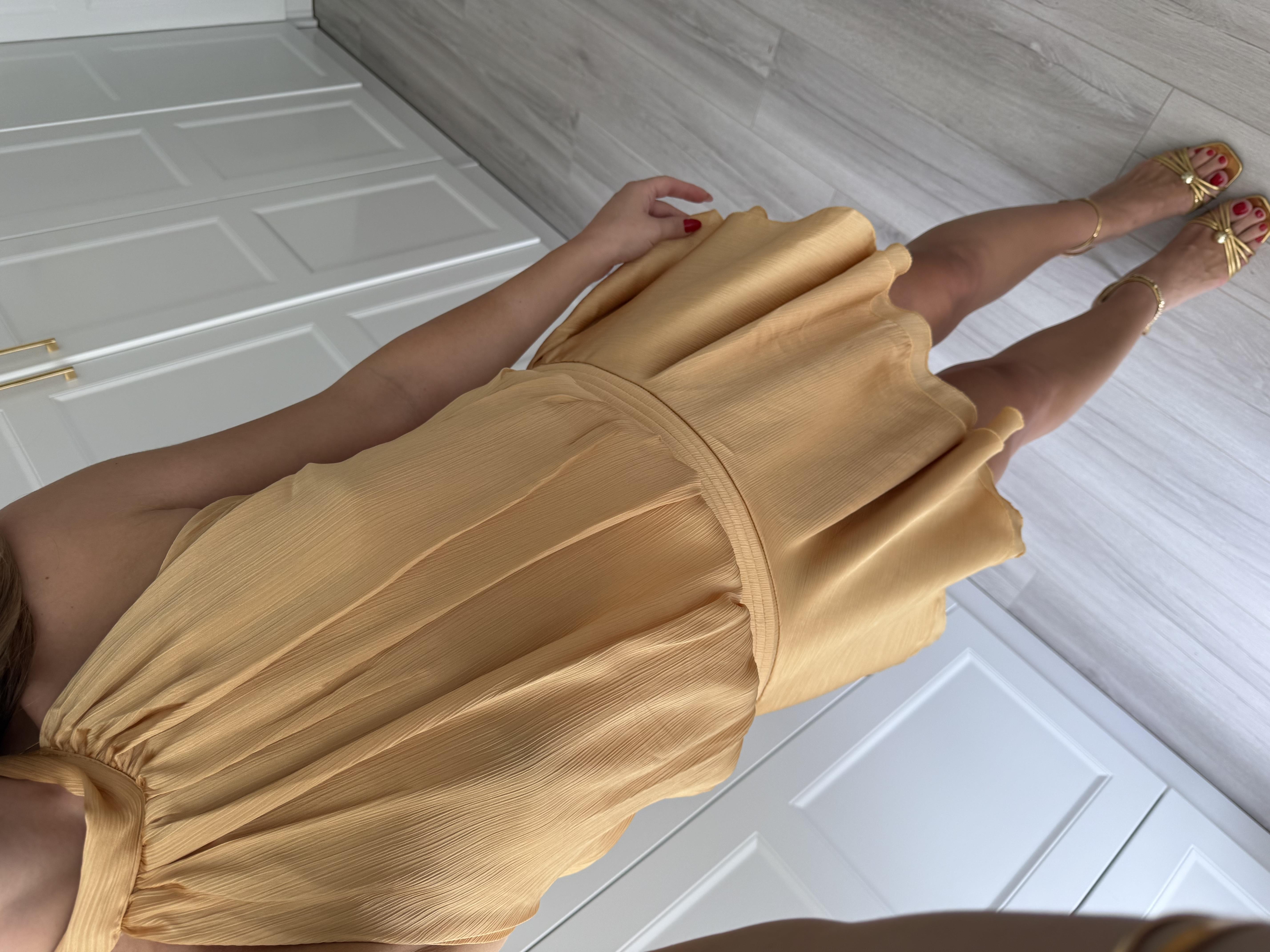 Sarı Altı Volanlı Halter Yakalı Mini Elbise 