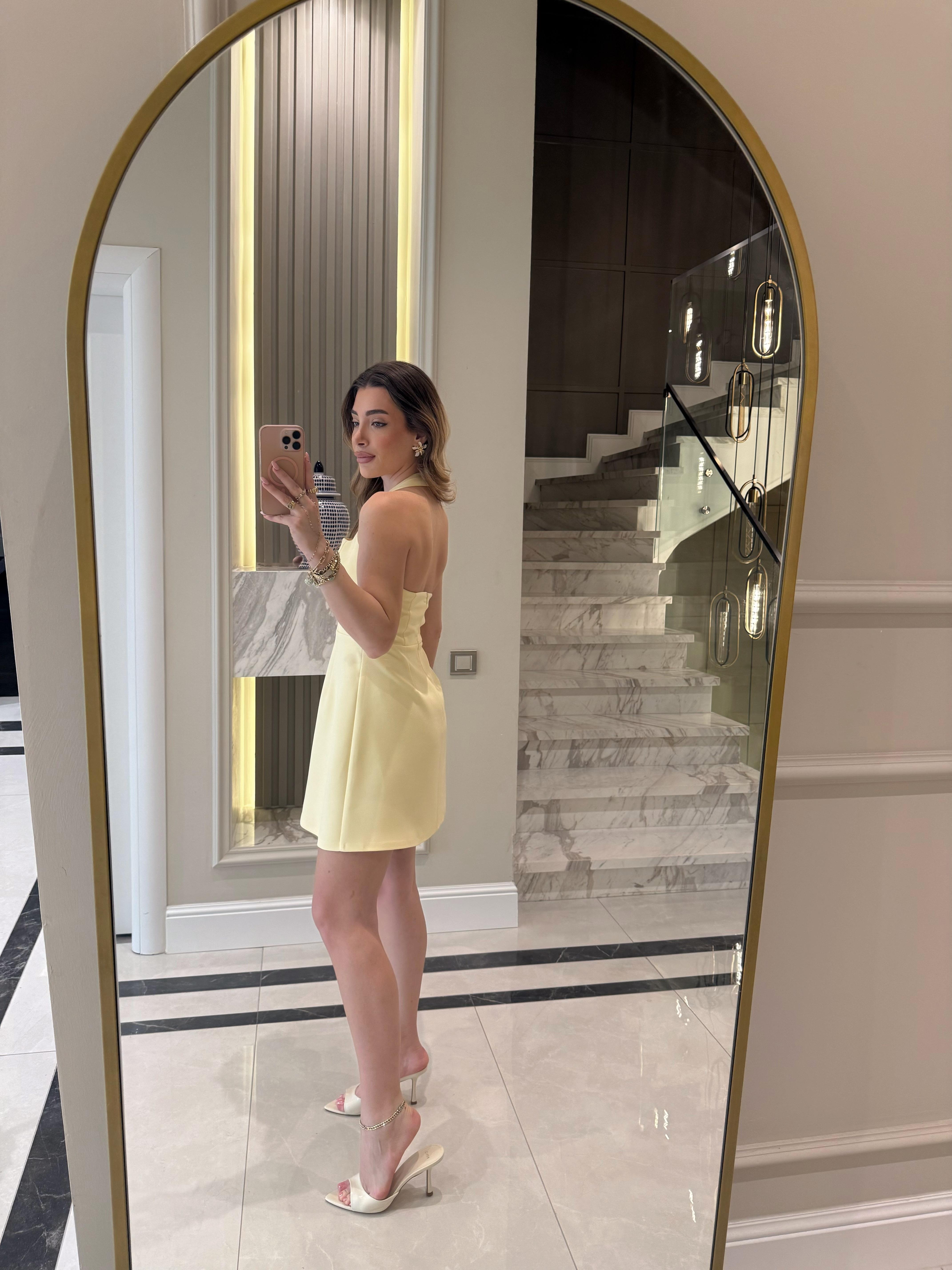 Sarı Boyundan Askılı Mini Elbise-12328