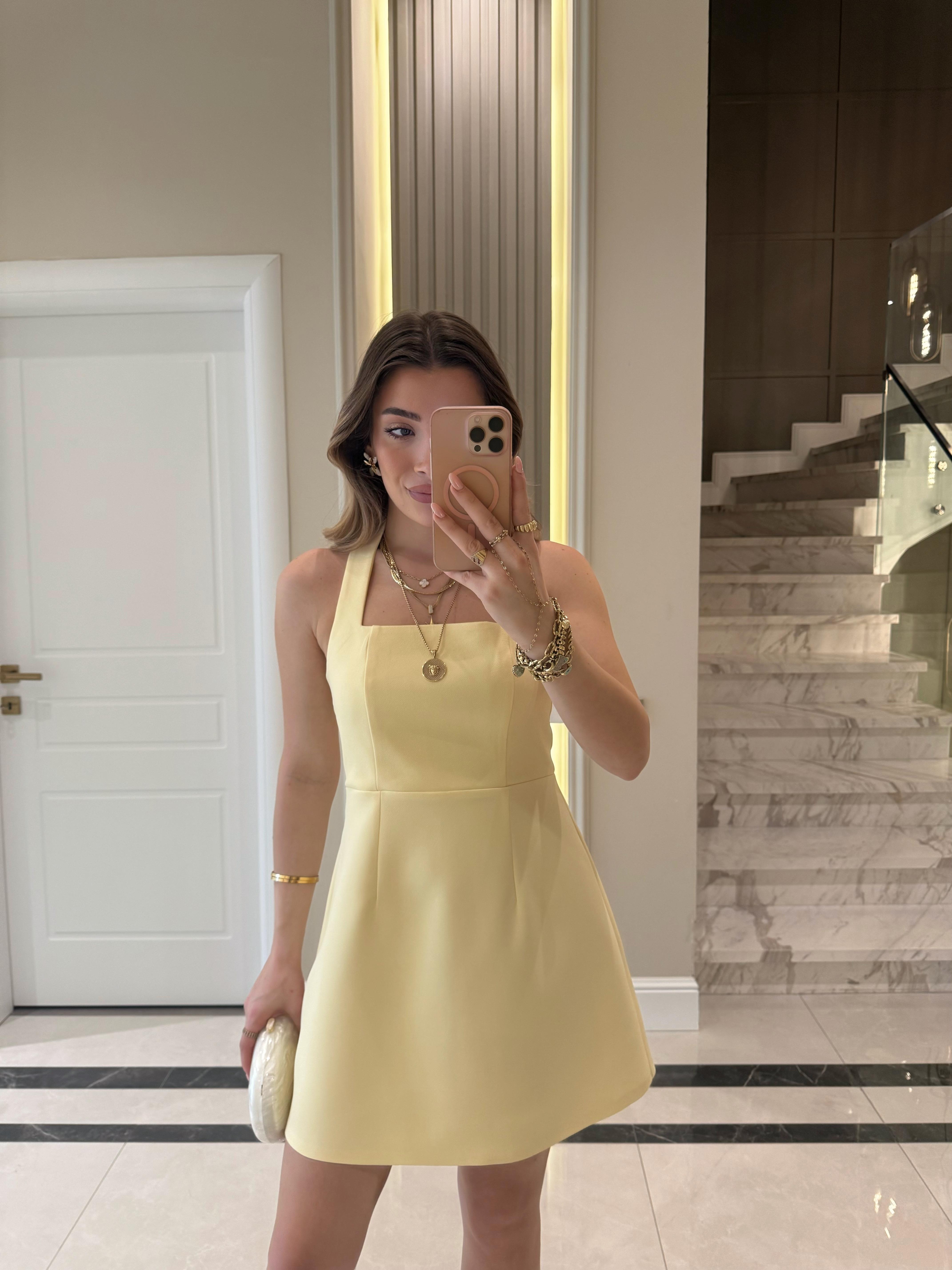 Sarı Boyundan Askılı Mini Elbise-12328