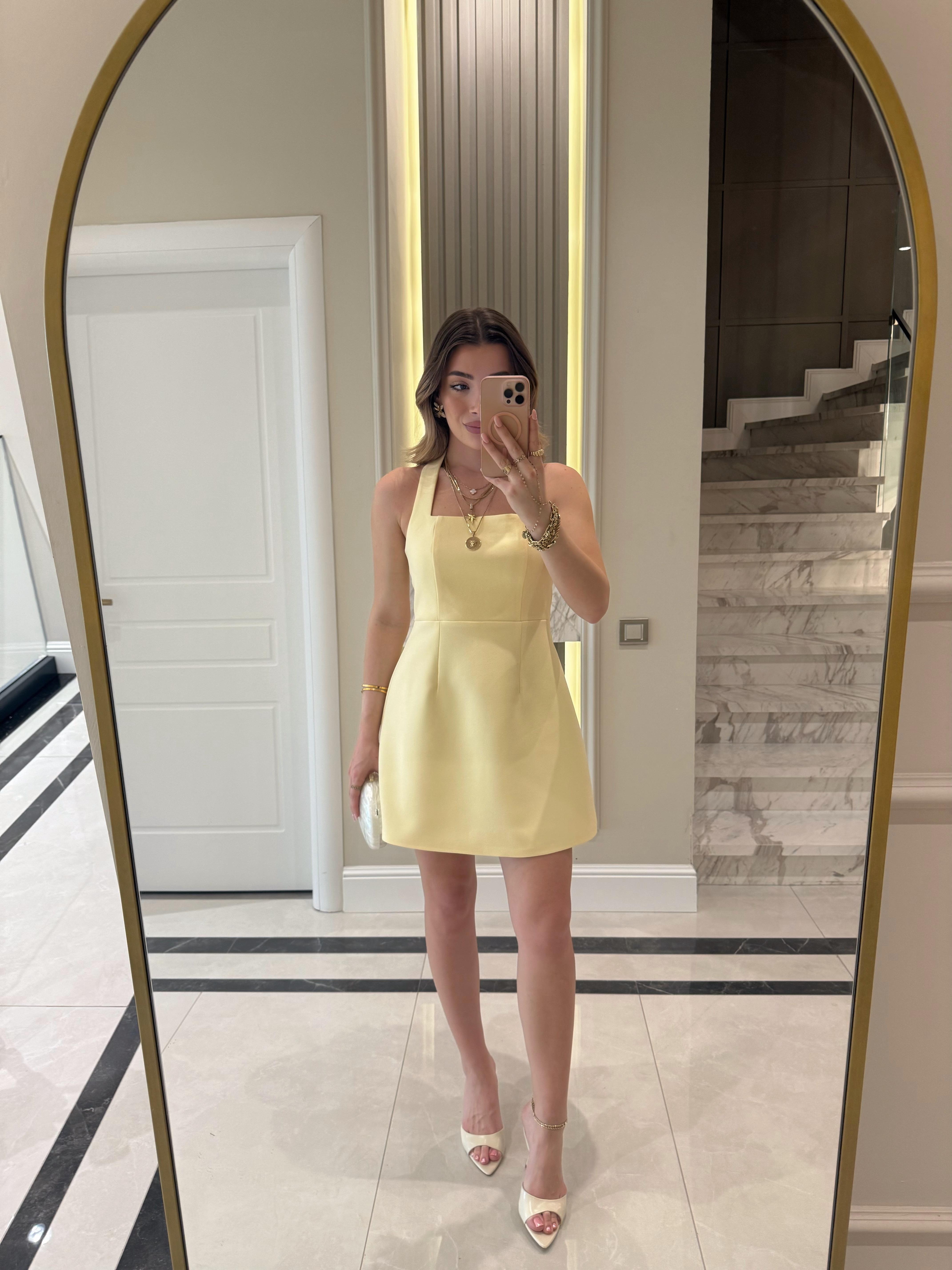 Sarı Boyundan Askılı Mini Elbise-12328