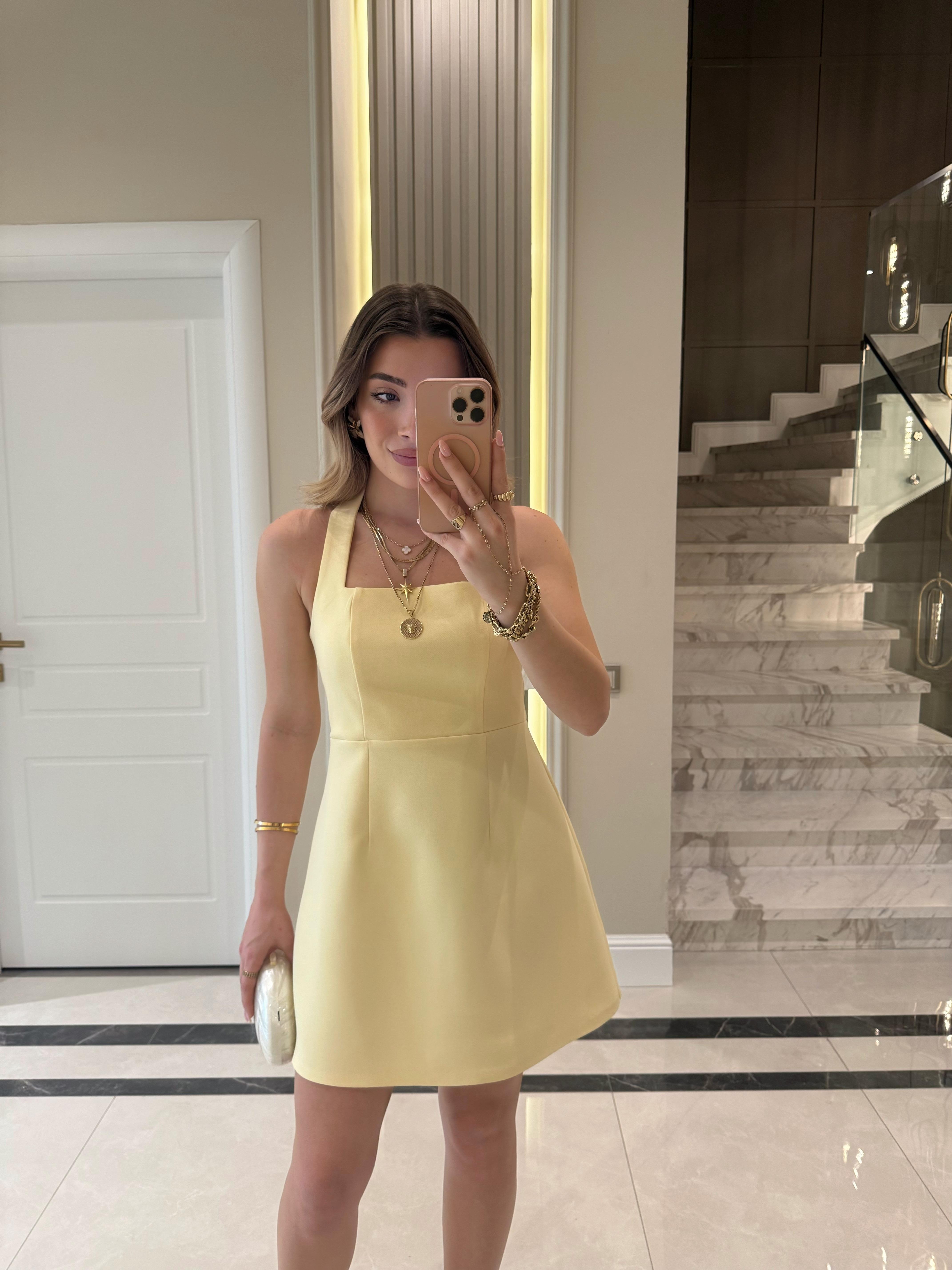 Sarı Boyundan Askılı Mini Elbise-12328