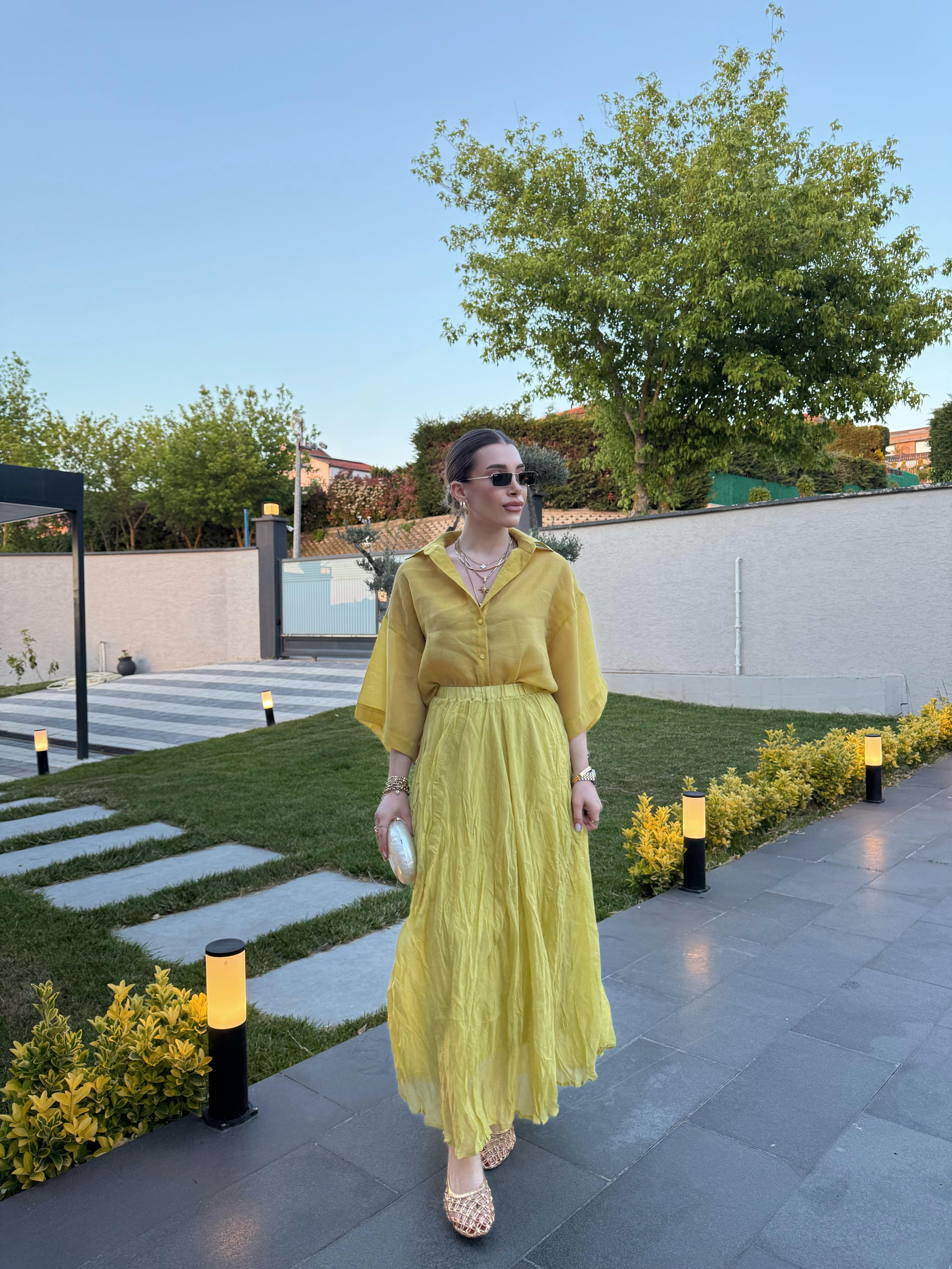 Sarı  Kırışık Bohem Etek-3207