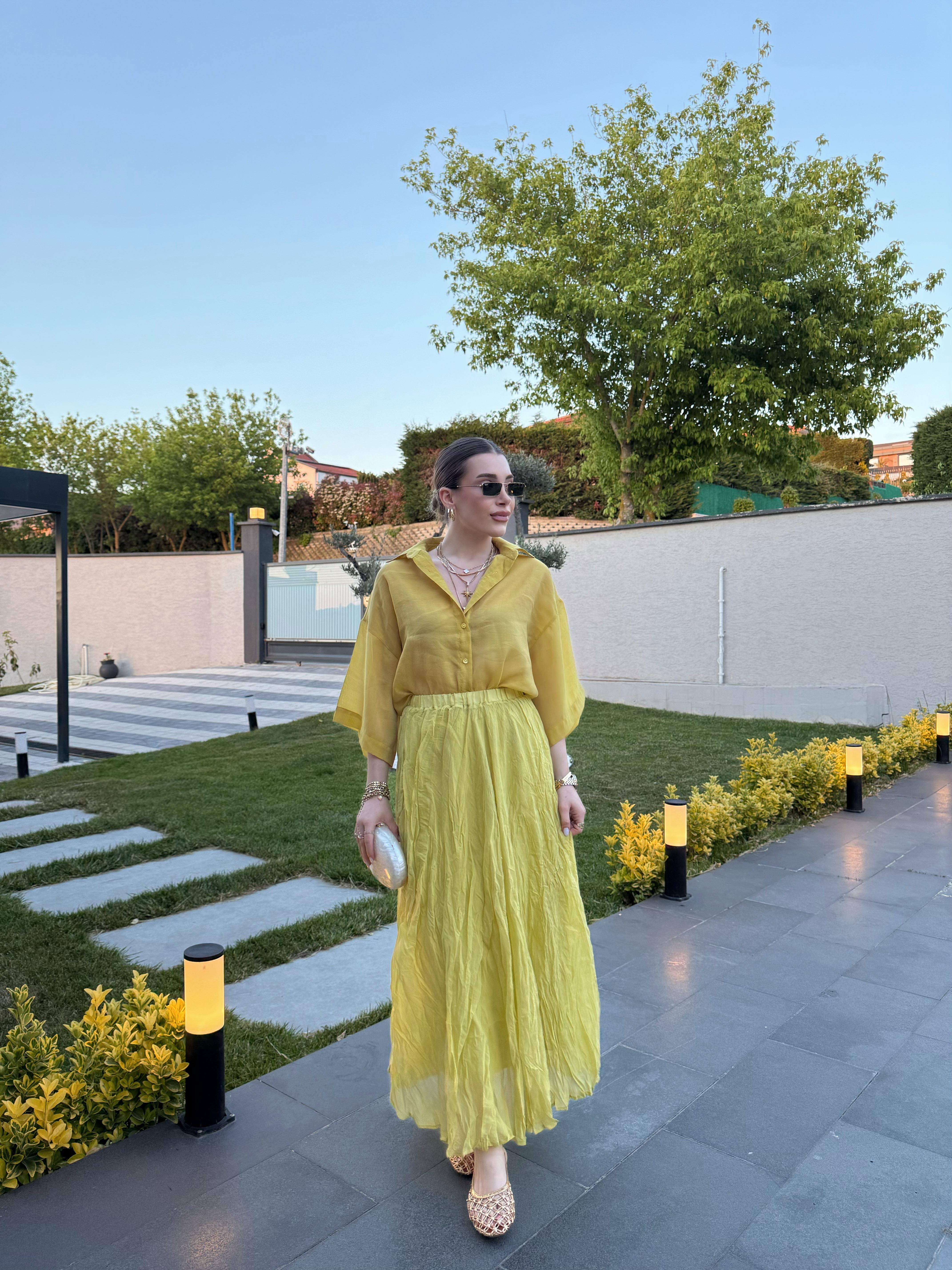 Sarı  Kırışık Bohem Etek-3207