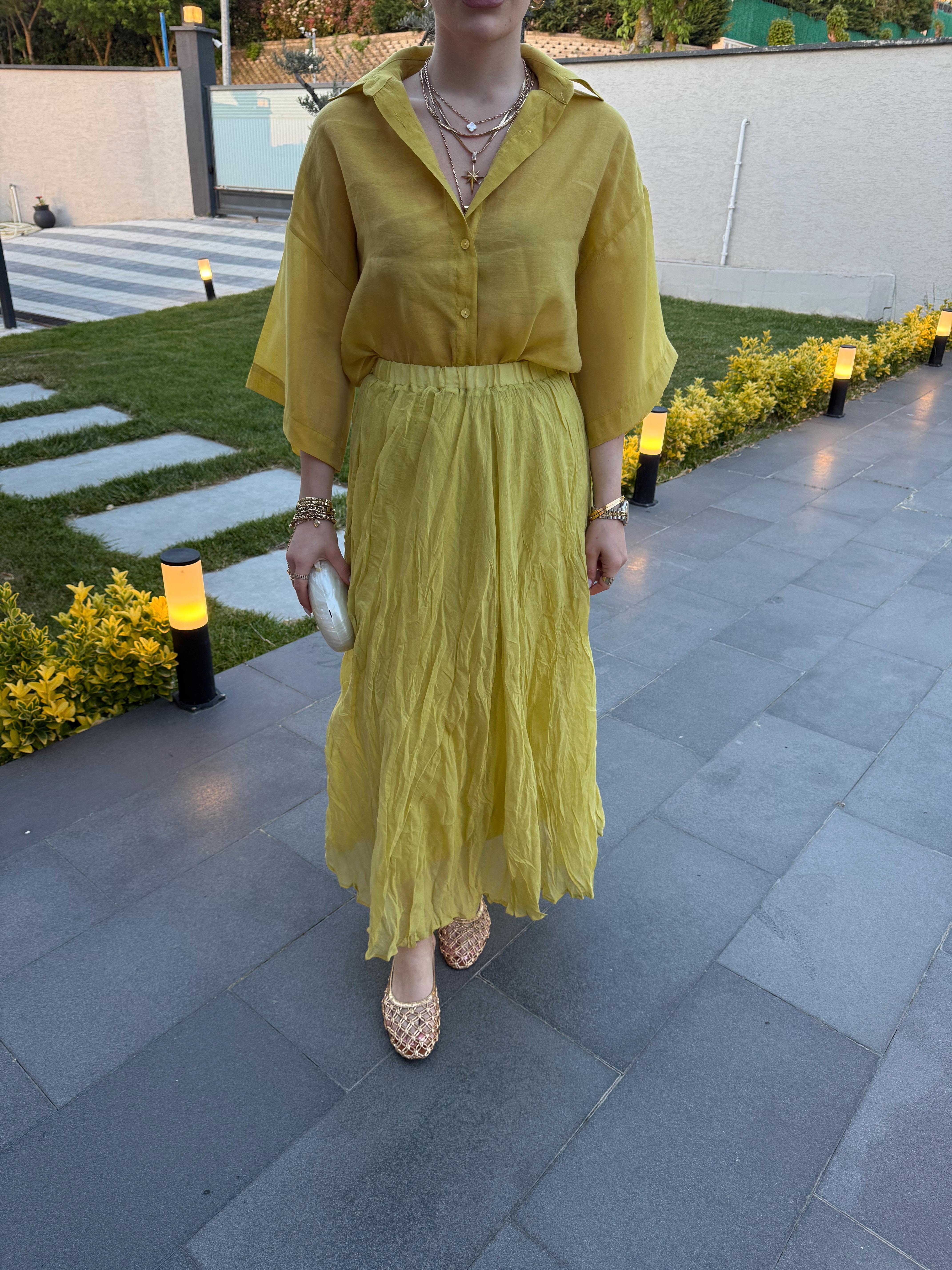 Sarı  Kırışık Bohem Etek-3207