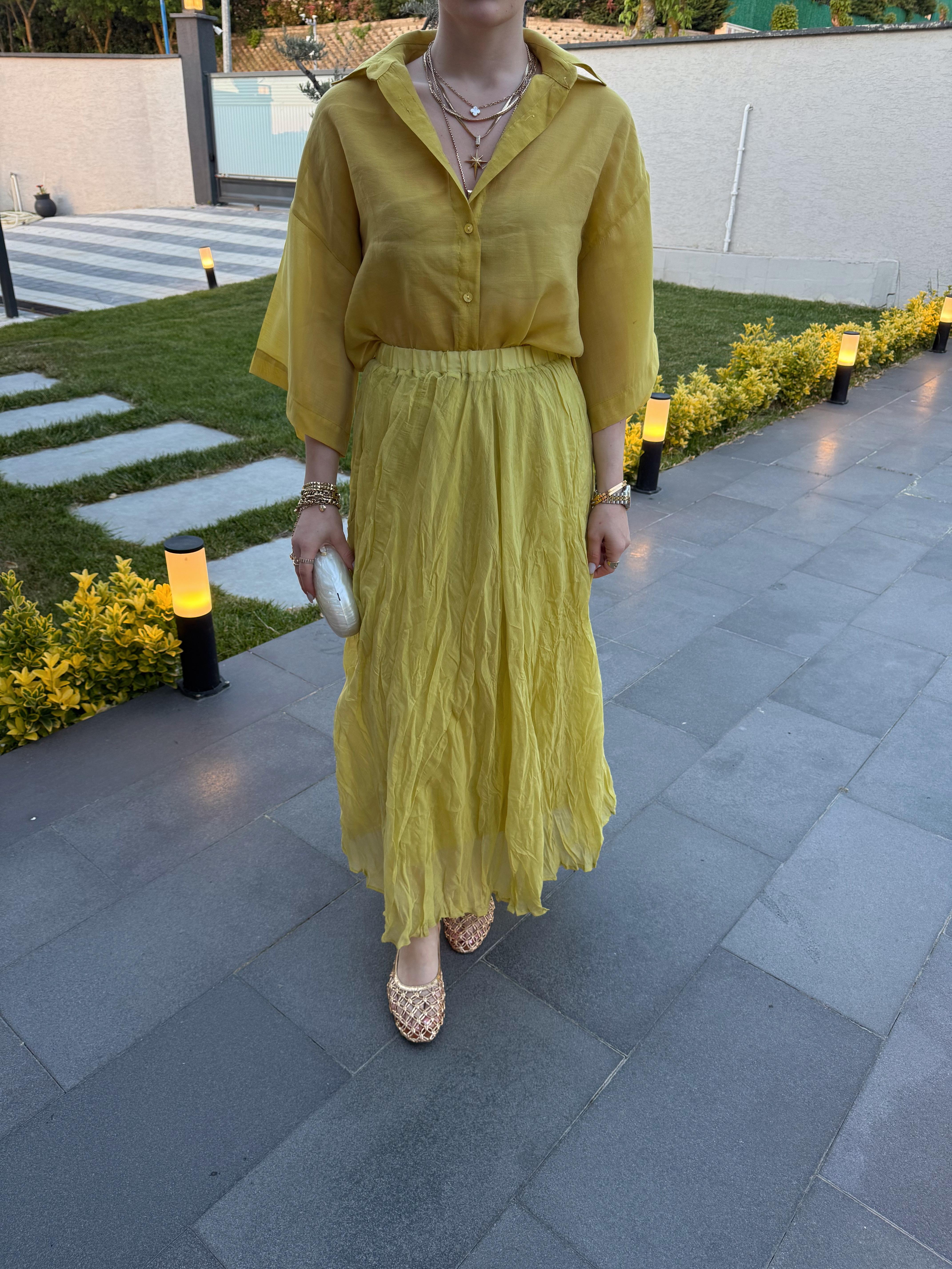 Sarı  Kırışık Bohem Etek-3207