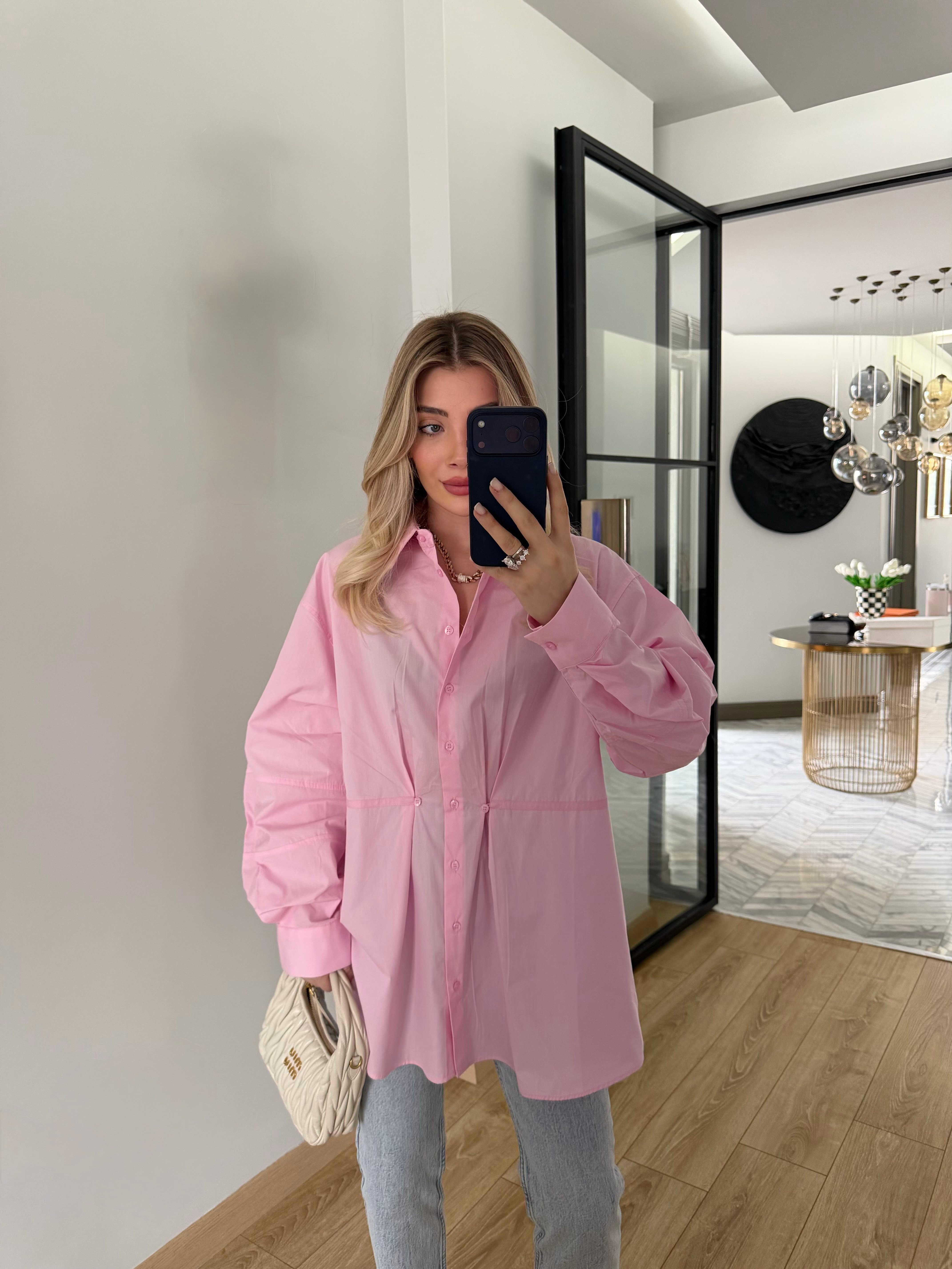 Şeker Pembe Belden Pileli Poplin Gömlek-5006