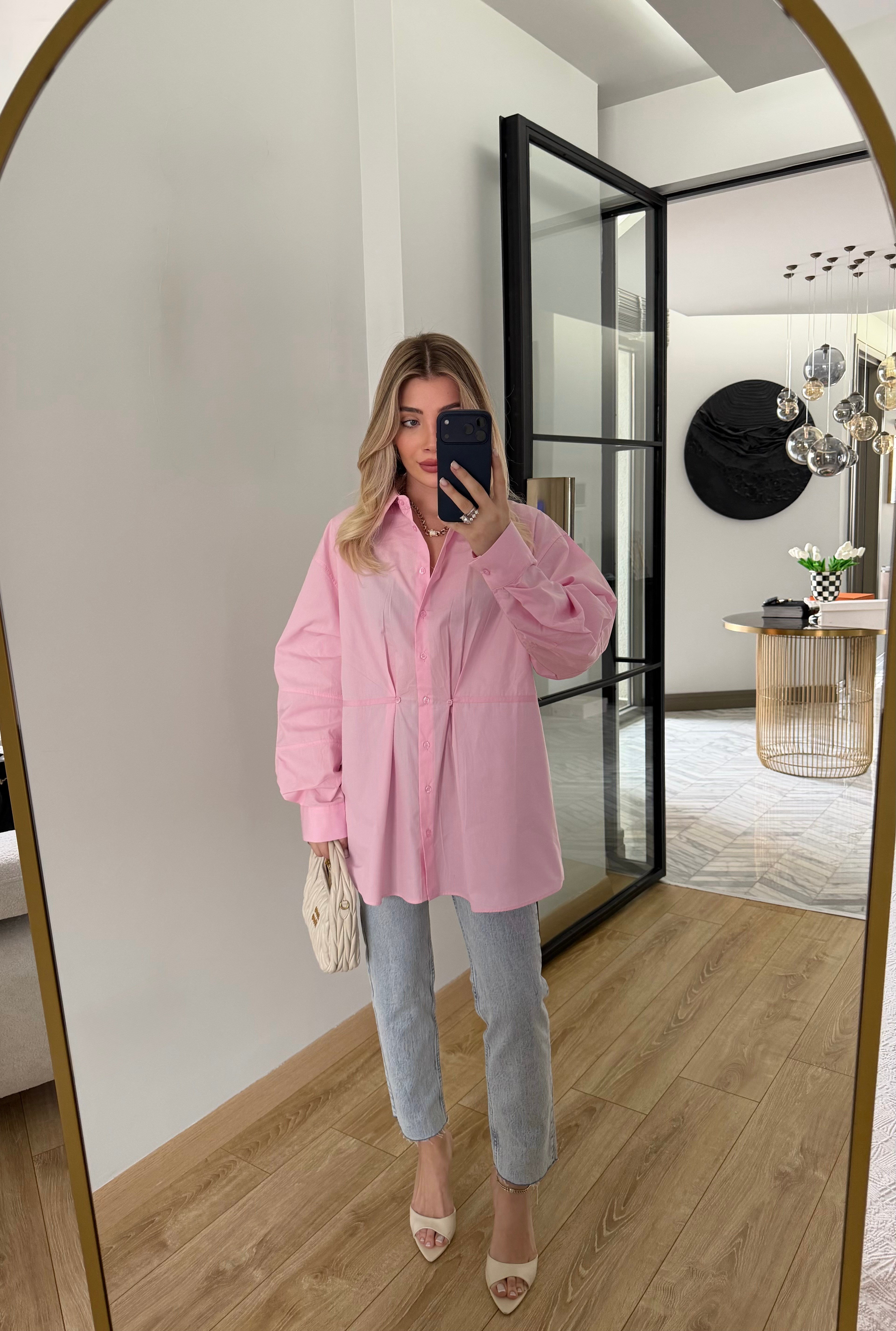 Şeker Pembe Belden Pileli Poplin Gömlek-5006