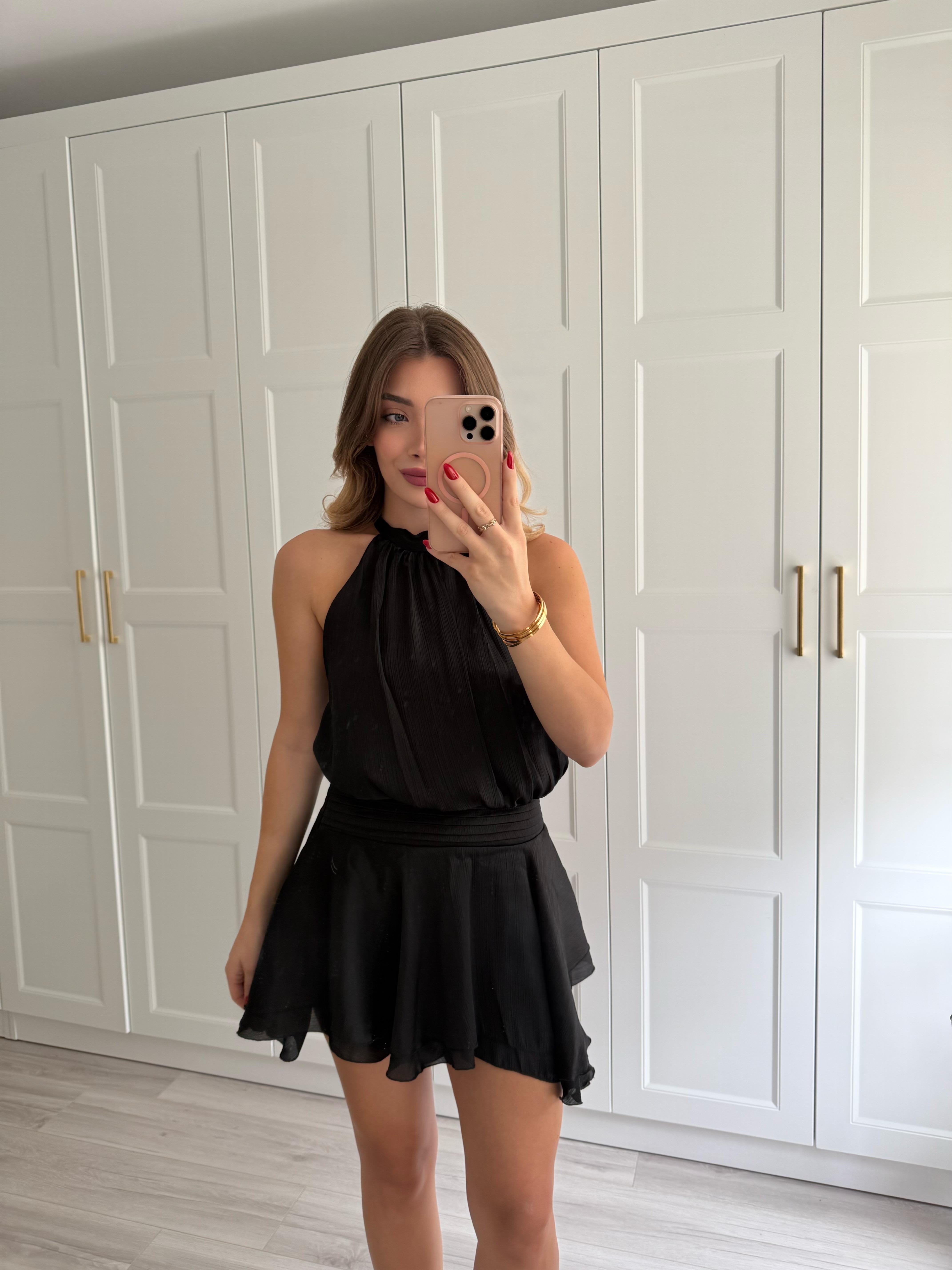 Siyah Altı Volanlı Halter Yakalı Mini Elbise 