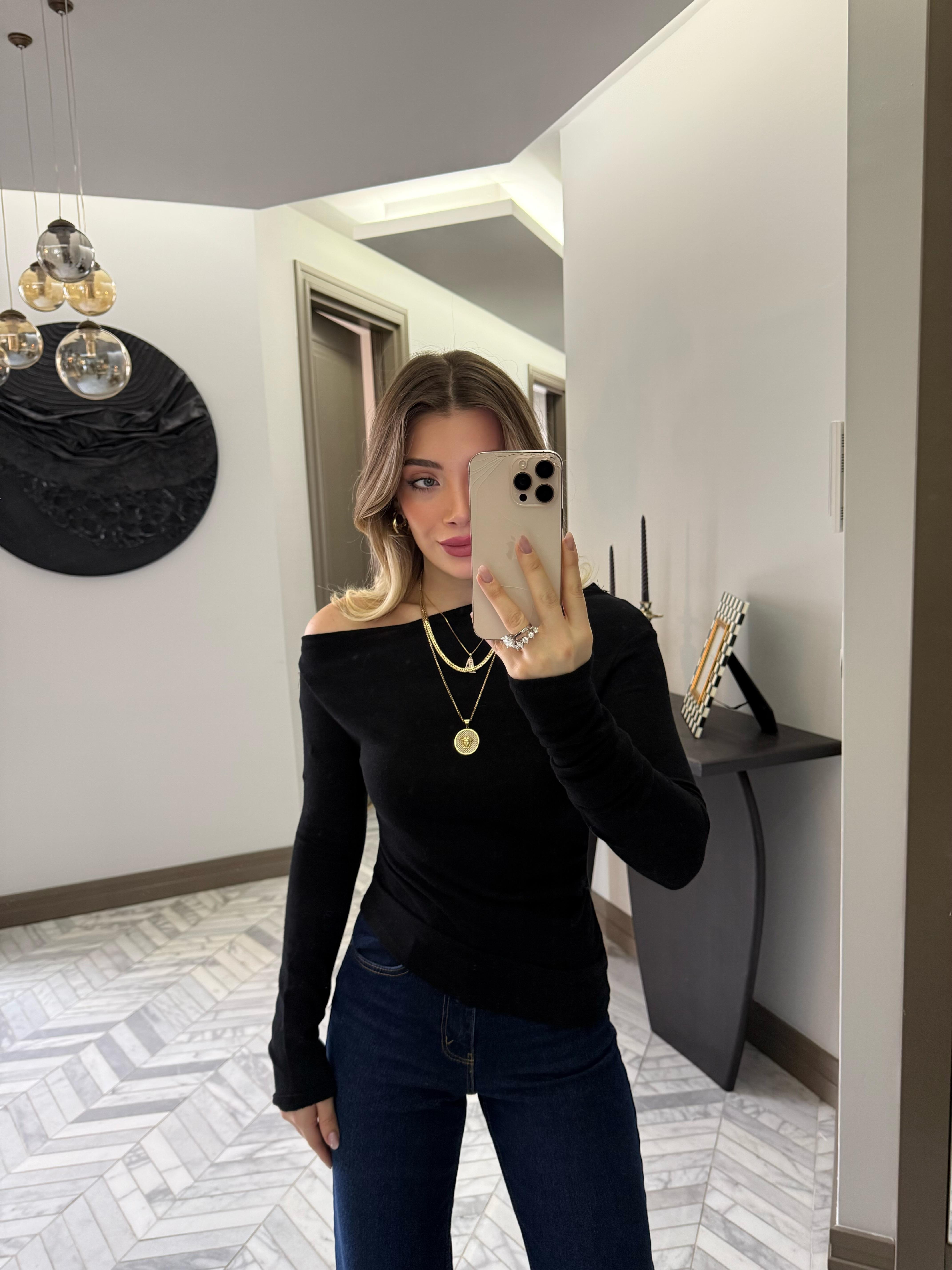 Siyah Asimetrik Uzun Kollu Top-32197