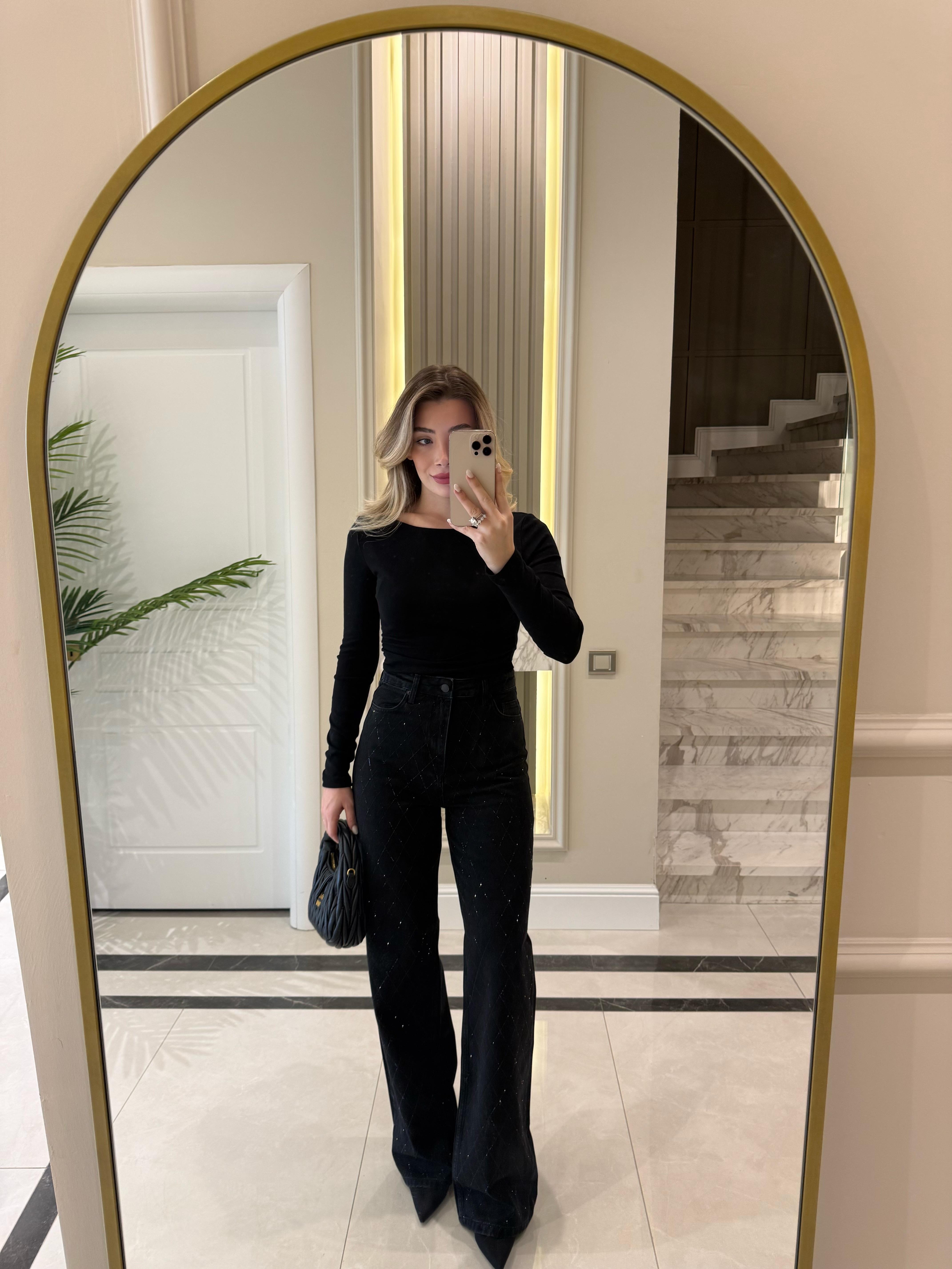 Siyah Baklava Desen Taşlı Wide Leg Jean 