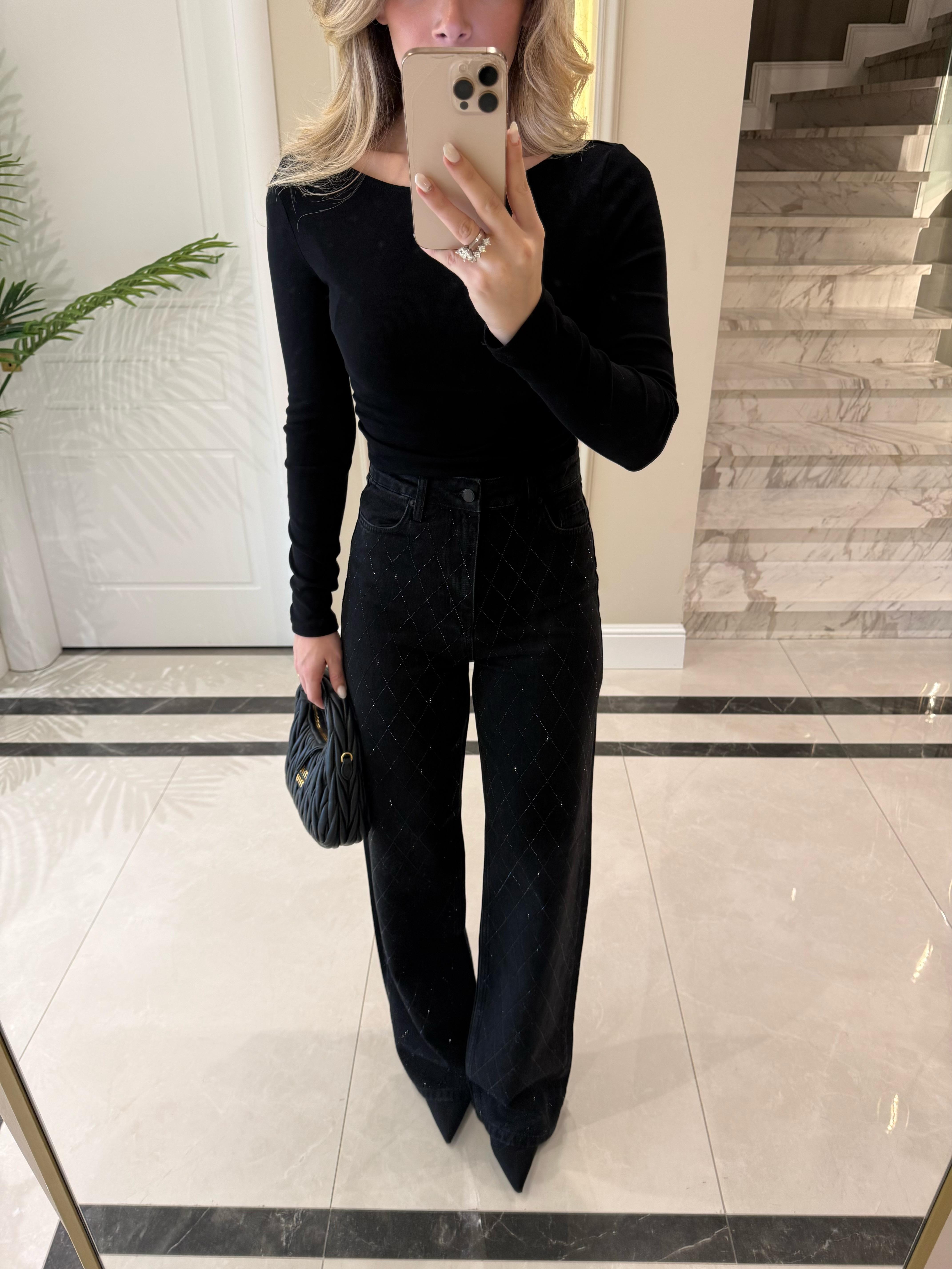 Siyah Baklava Desen Taşlı Wide Leg Jean 