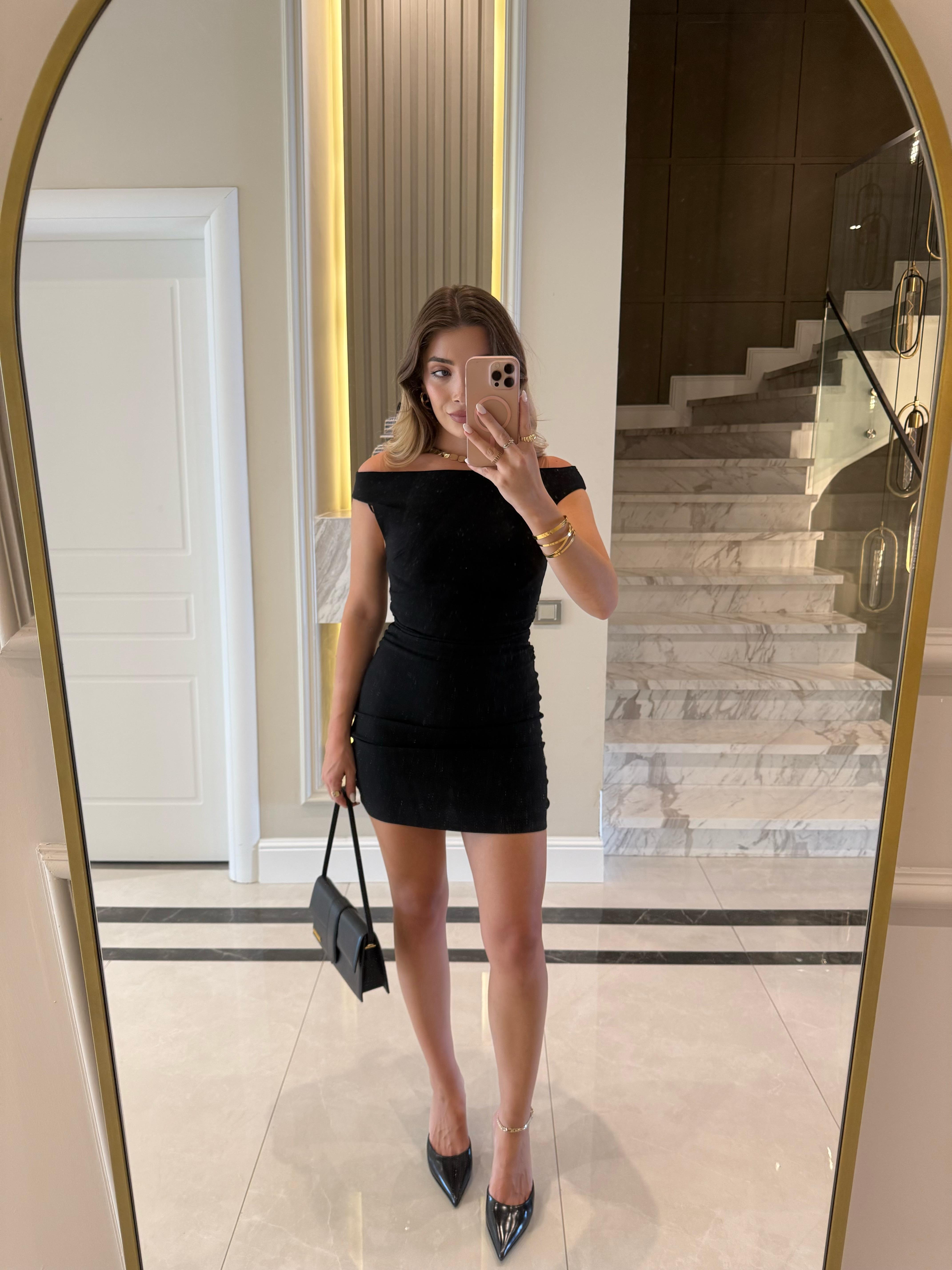 Siyah Bardot Mini Elbise DLV-91462